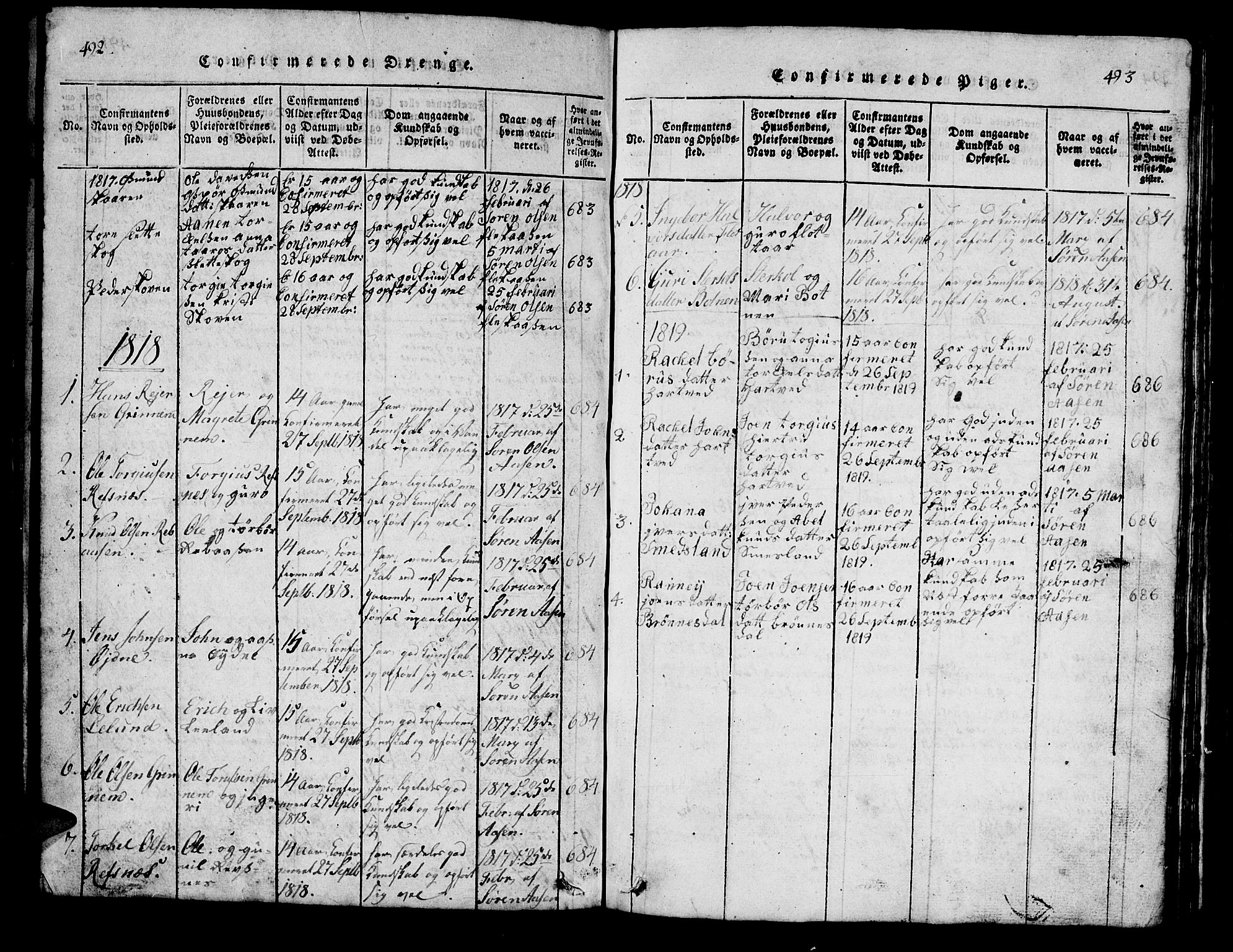 Bjelland sokneprestkontor, SAK/1111-0005/F/Fb/Fbc/L0001: Parish register (copy) no. B 1, 1815-1870, p. 492-493