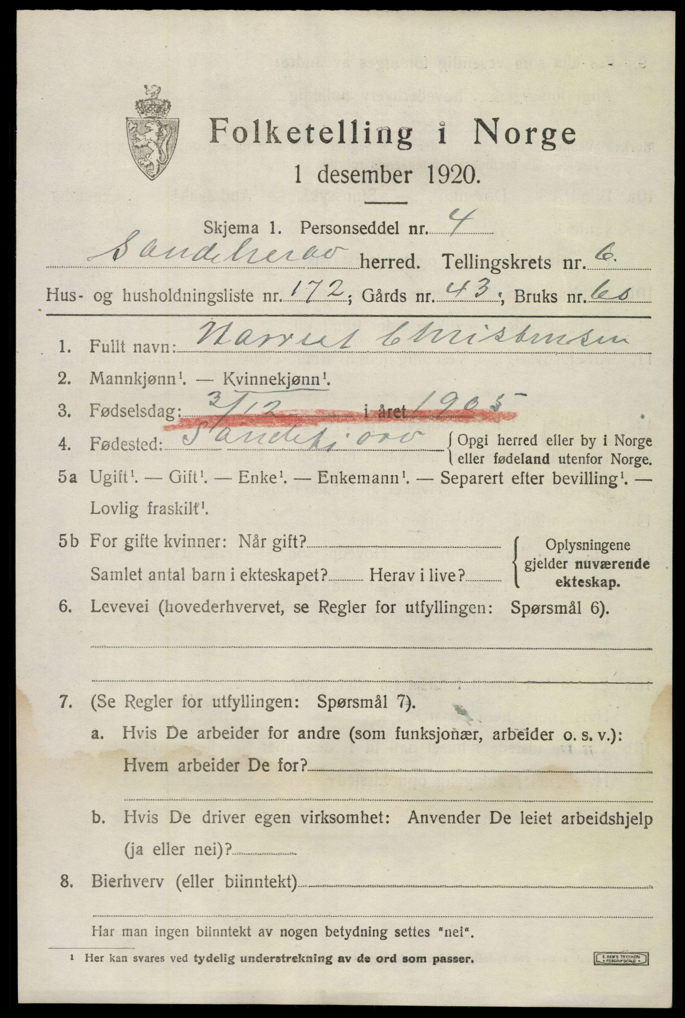 SAKO, 1920 census for Sandeherred, 1920, p. 11910
