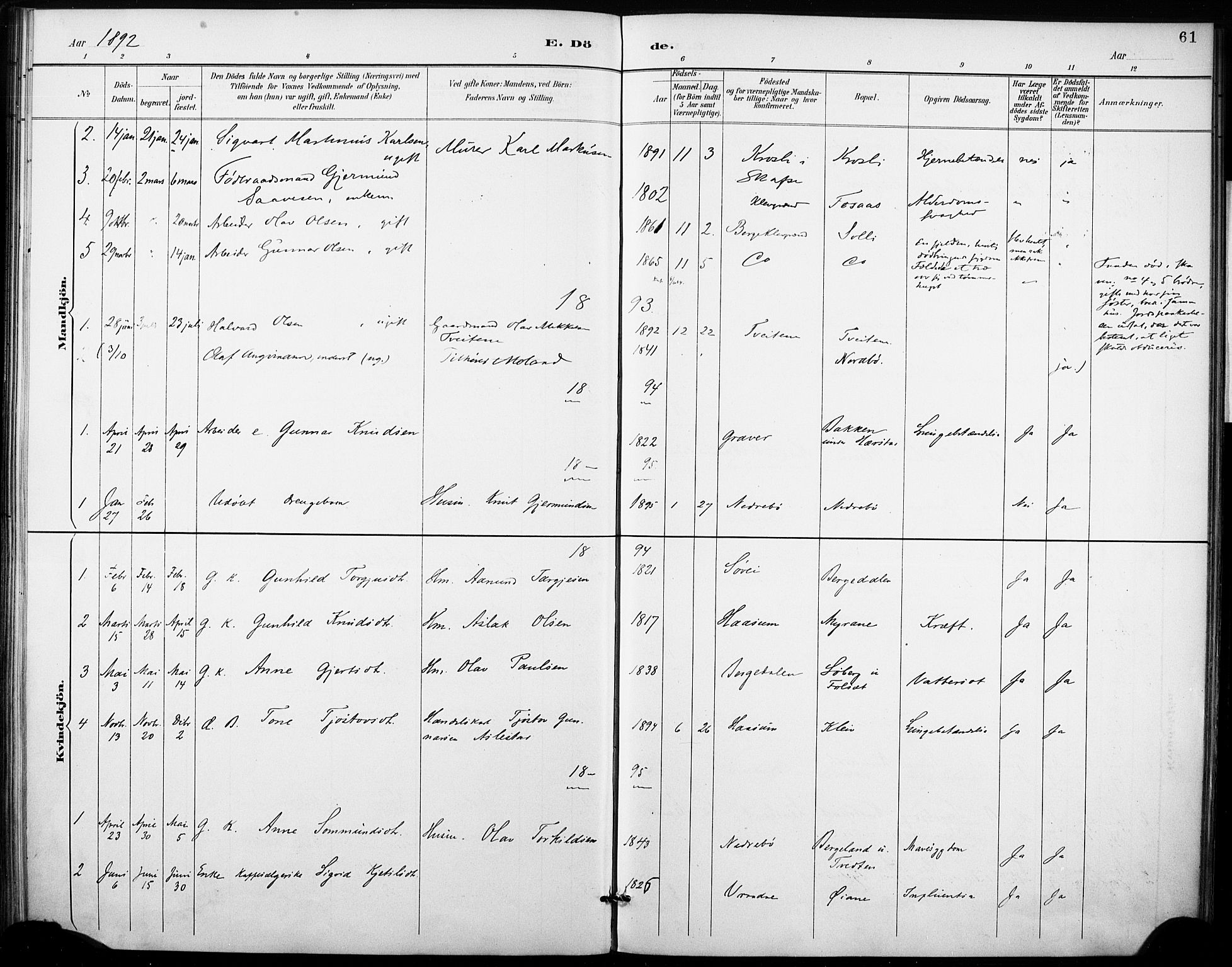 Fyresdal kirkebøker, SAKO/A-263/F/Fb/L0003: Parish register (official) no. II 3, 1887-1903, p. 61