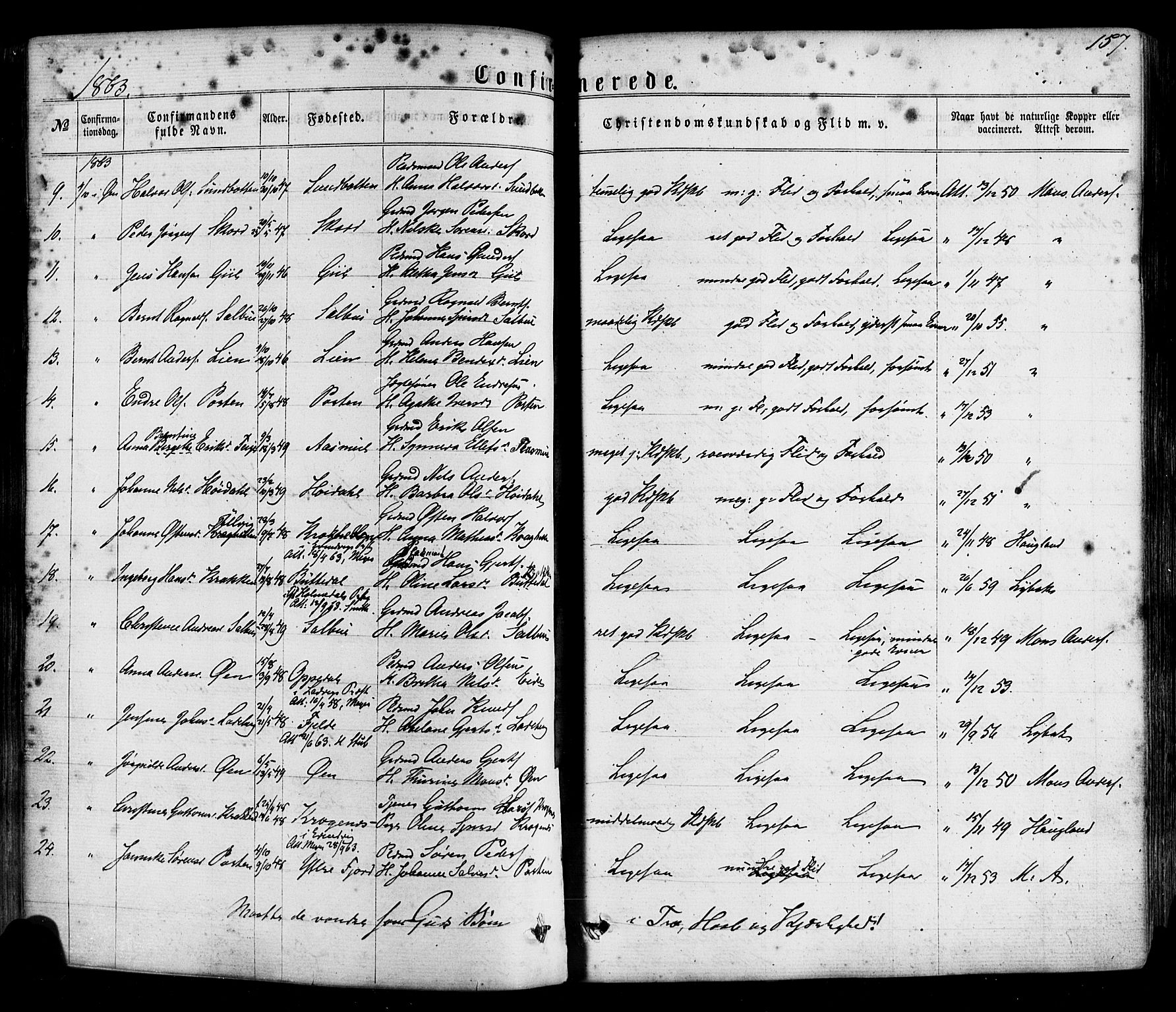 Hyllestad sokneprestembete, AV/SAB-A-80401: Parish register (official) no. A 1, 1861-1886, p. 157