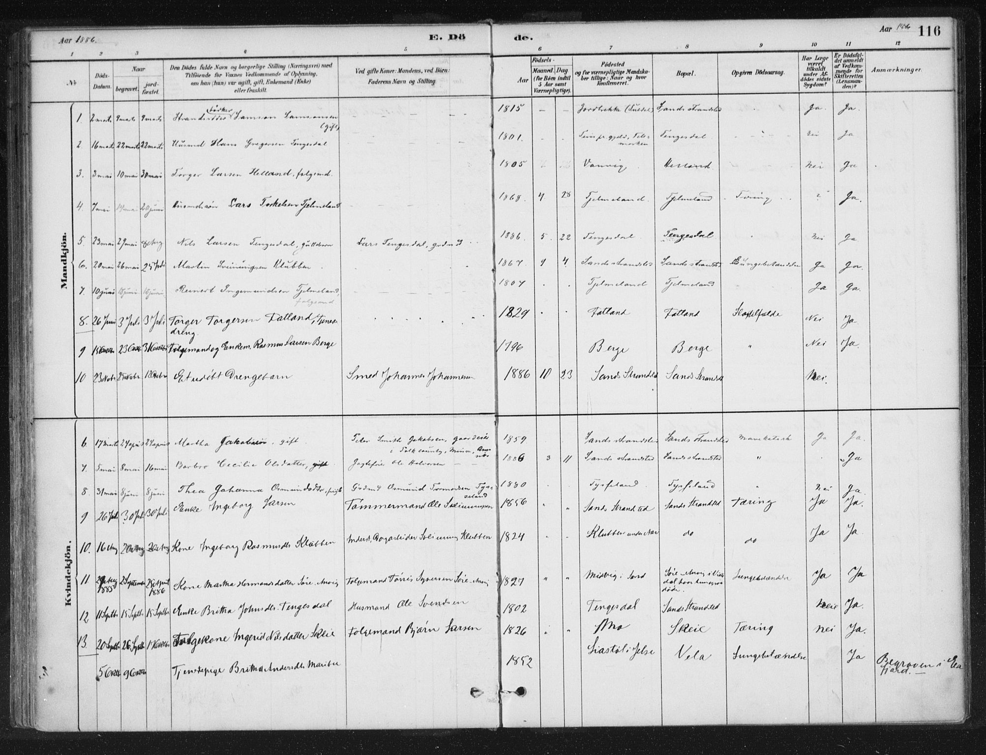 Sand sokneprestkontor, SAST/A-101848/01/III/L0005: Parish register (official) no. A 5, 1880-1898, p. 116