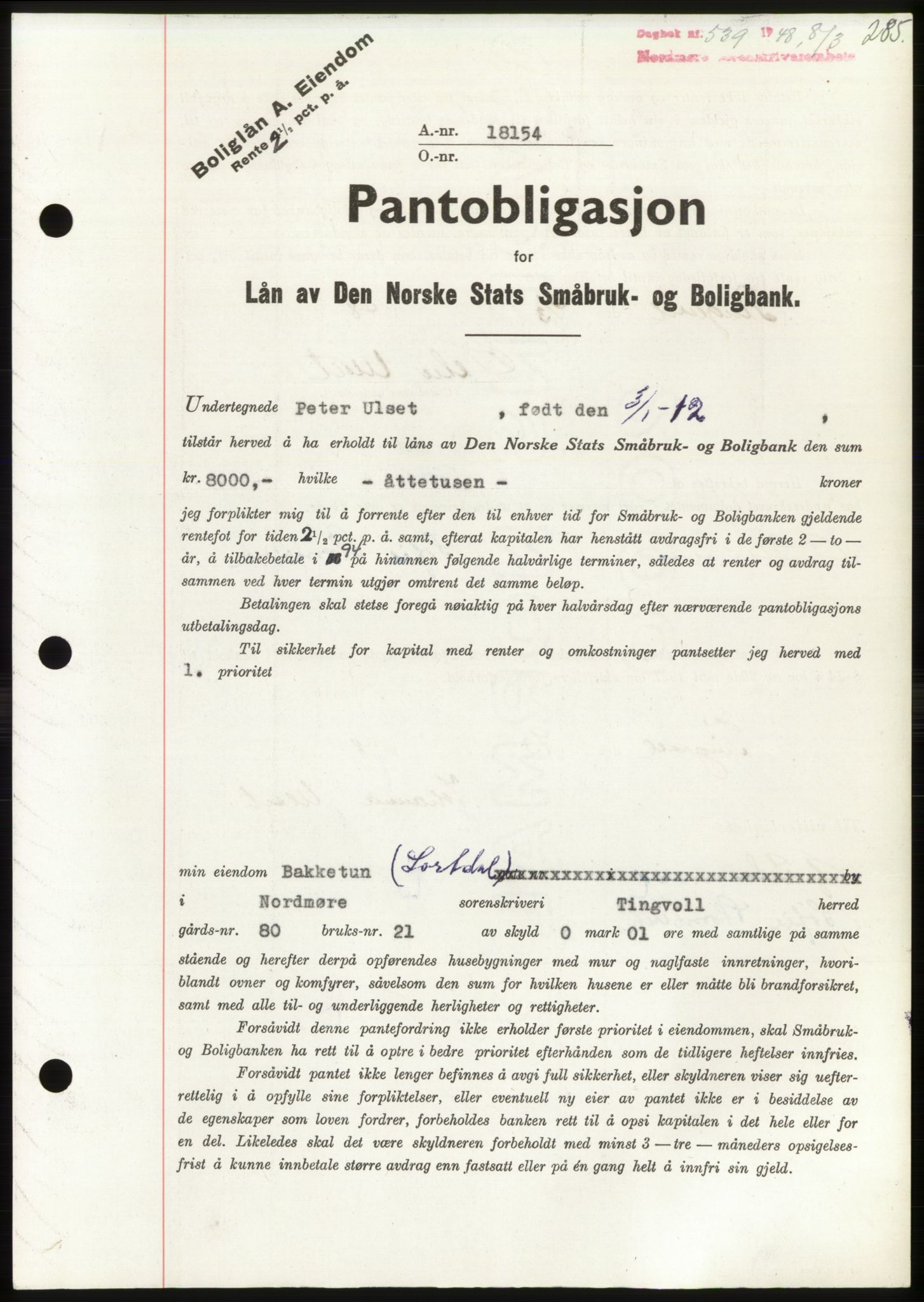 Nordmøre sorenskriveri, AV/SAT-A-4132/1/2/2Ca: Mortgage book no. B98, 1948-1948, Diary no: : 539/1948