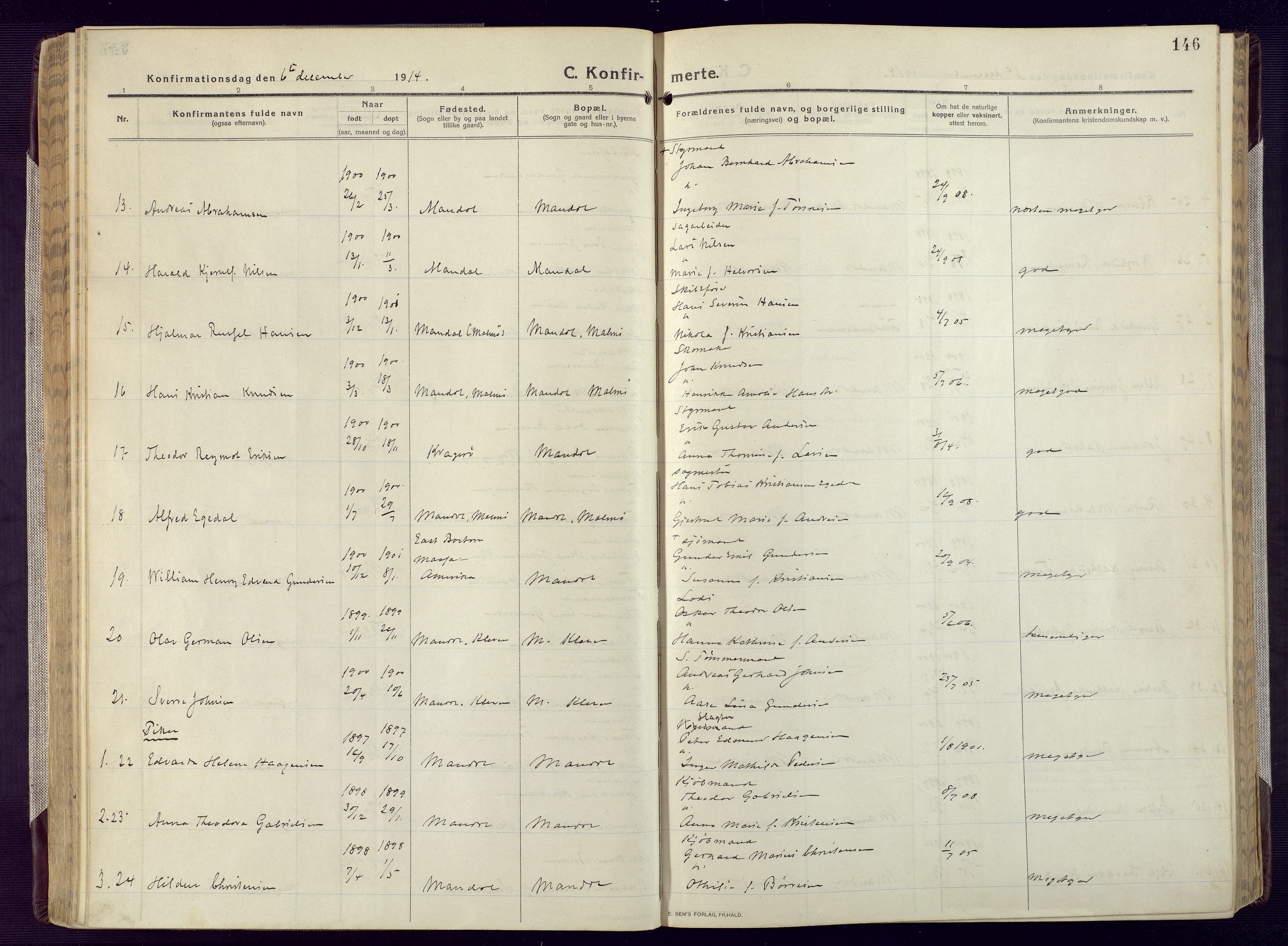 Mandal sokneprestkontor, AV/SAK-1111-0030/F/Fa/Fac/L0001: Parish register (official) no. A 1, 1913-1925, p. 146