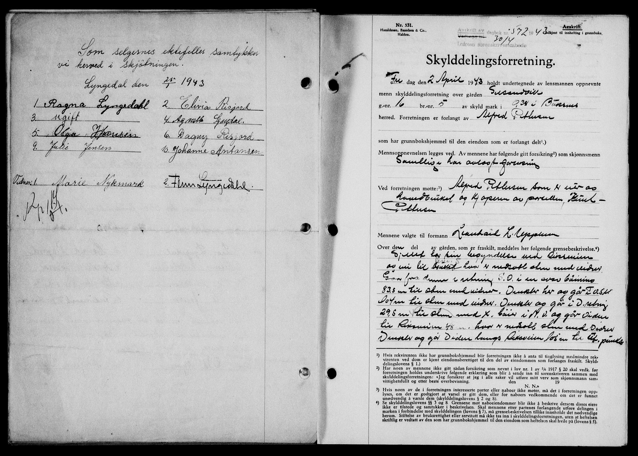 Lofoten sorenskriveri, SAT/A-0017/1/2/2C/L0011a: Mortgage book no. 11a, 1943-1943, Diary no: : 572/1943