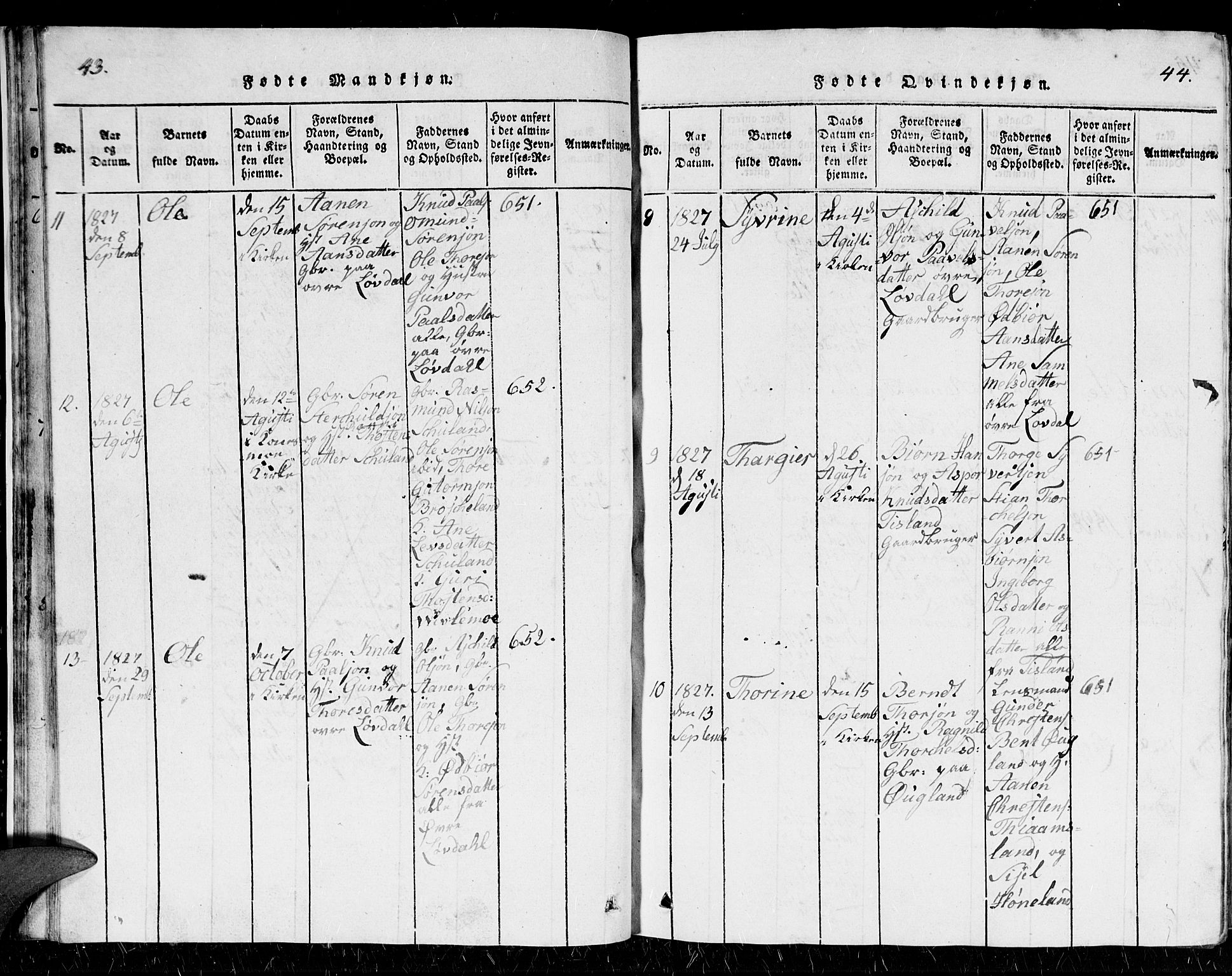 Holum sokneprestkontor, SAK/1111-0022/F/Fb/Fbb/L0001: Parish register (copy) no. B 1, 1820-1847, p. 43-44