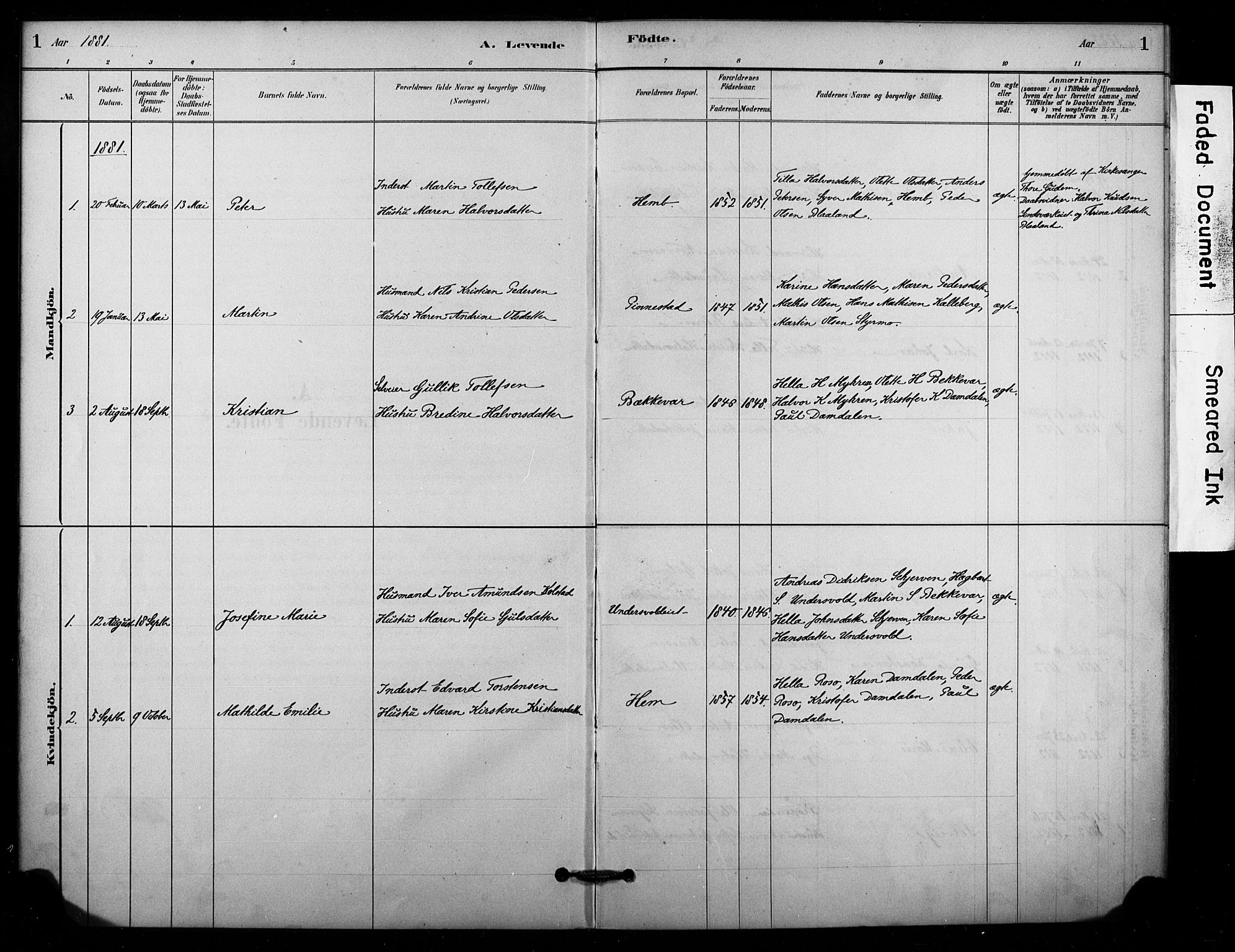 Lardal kirkebøker, AV/SAKO-A-350/F/Fc/L0001: Parish register (official) no. III 1, 1881-1906, p. 1