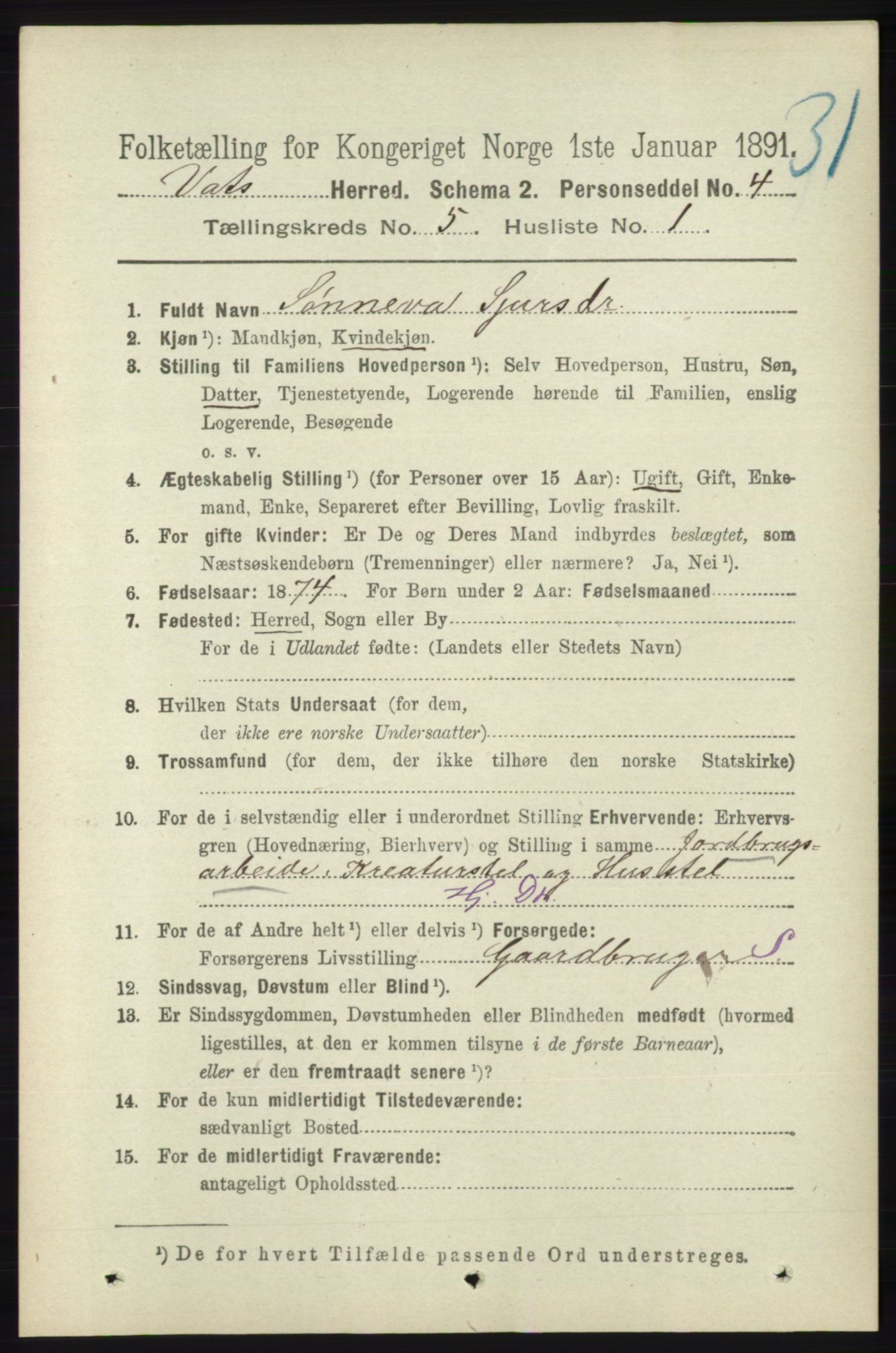 RA, 1891 census for 1155 Vats, 1891, p. 735