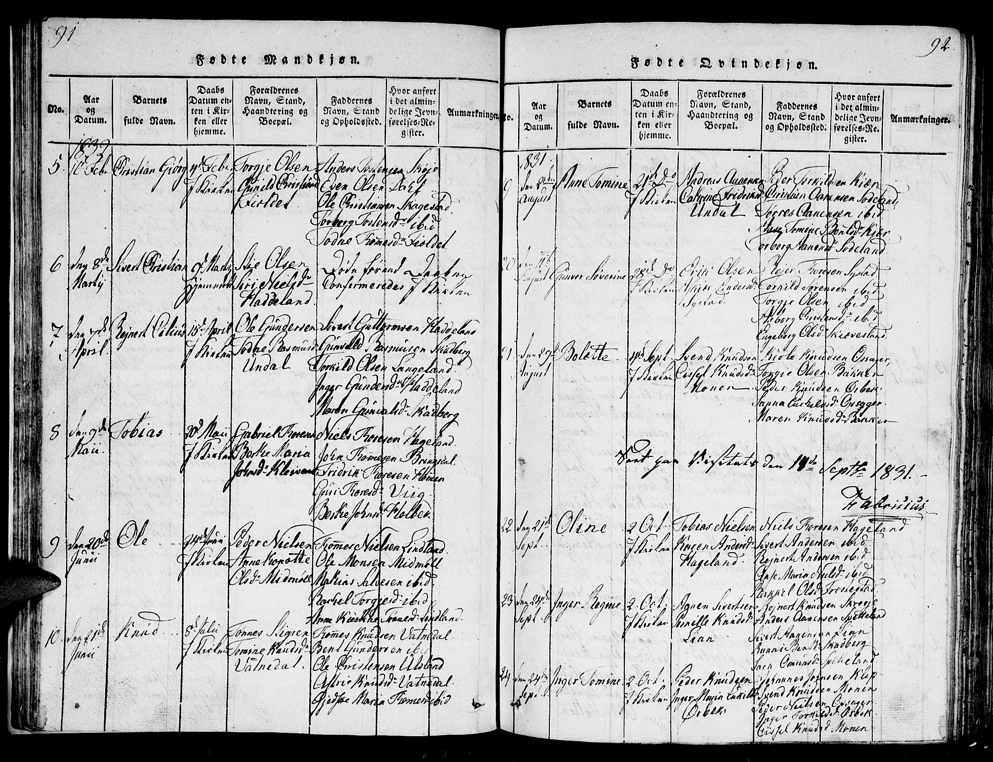 Holum sokneprestkontor, AV/SAK-1111-0022/F/Fb/Fba/L0002: Parish register (copy) no. B 2, 1820-1849, p. 91-92