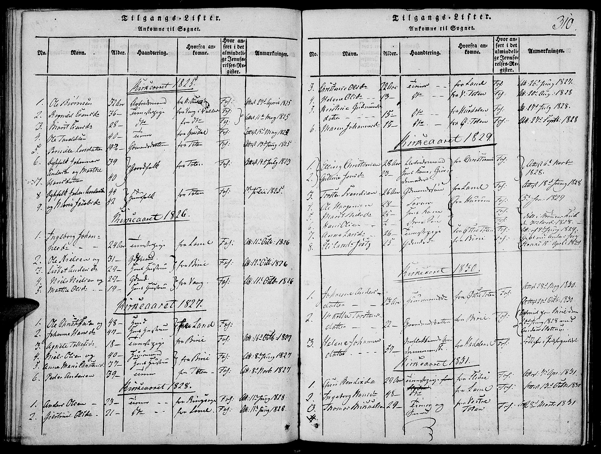 Vardal prestekontor, SAH/PREST-100/H/Ha/Haa/L0004: Parish register (official) no. 4, 1814-1831, p. 310