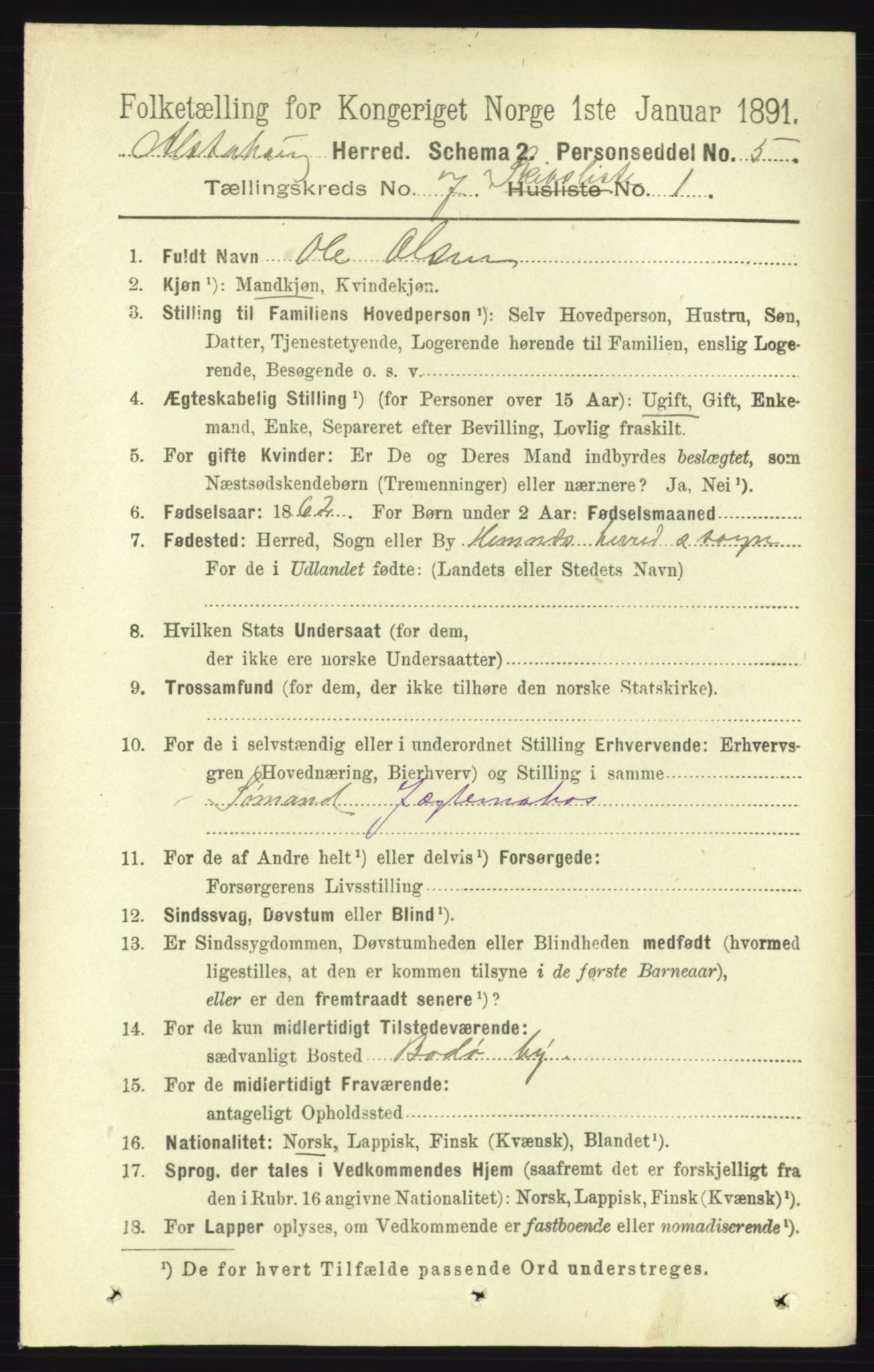 RA, 1891 census for 1820 Alstahaug, 1891, p. 5256