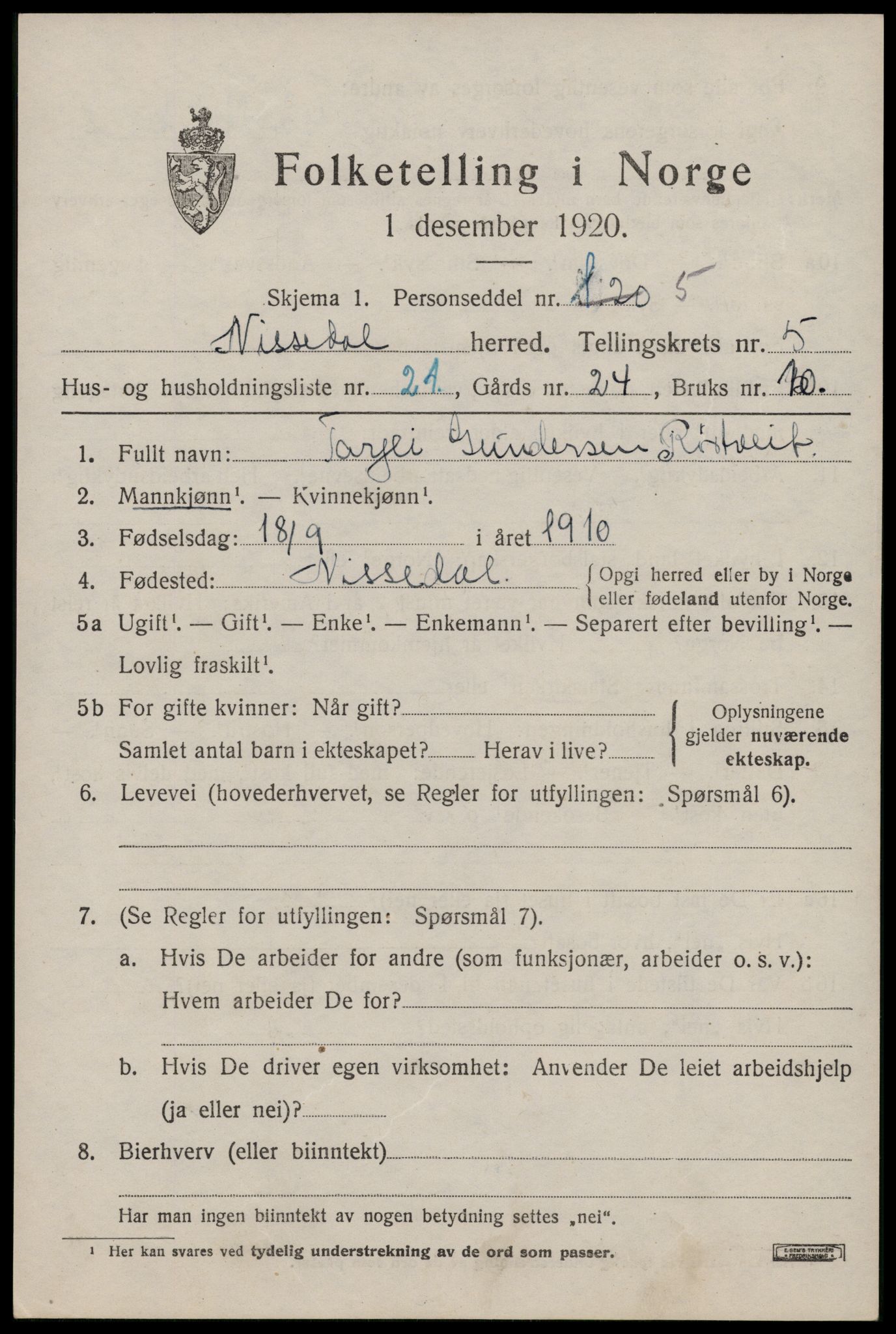 SAKO, 1920 census for Nissedal, 1920, p. 2269