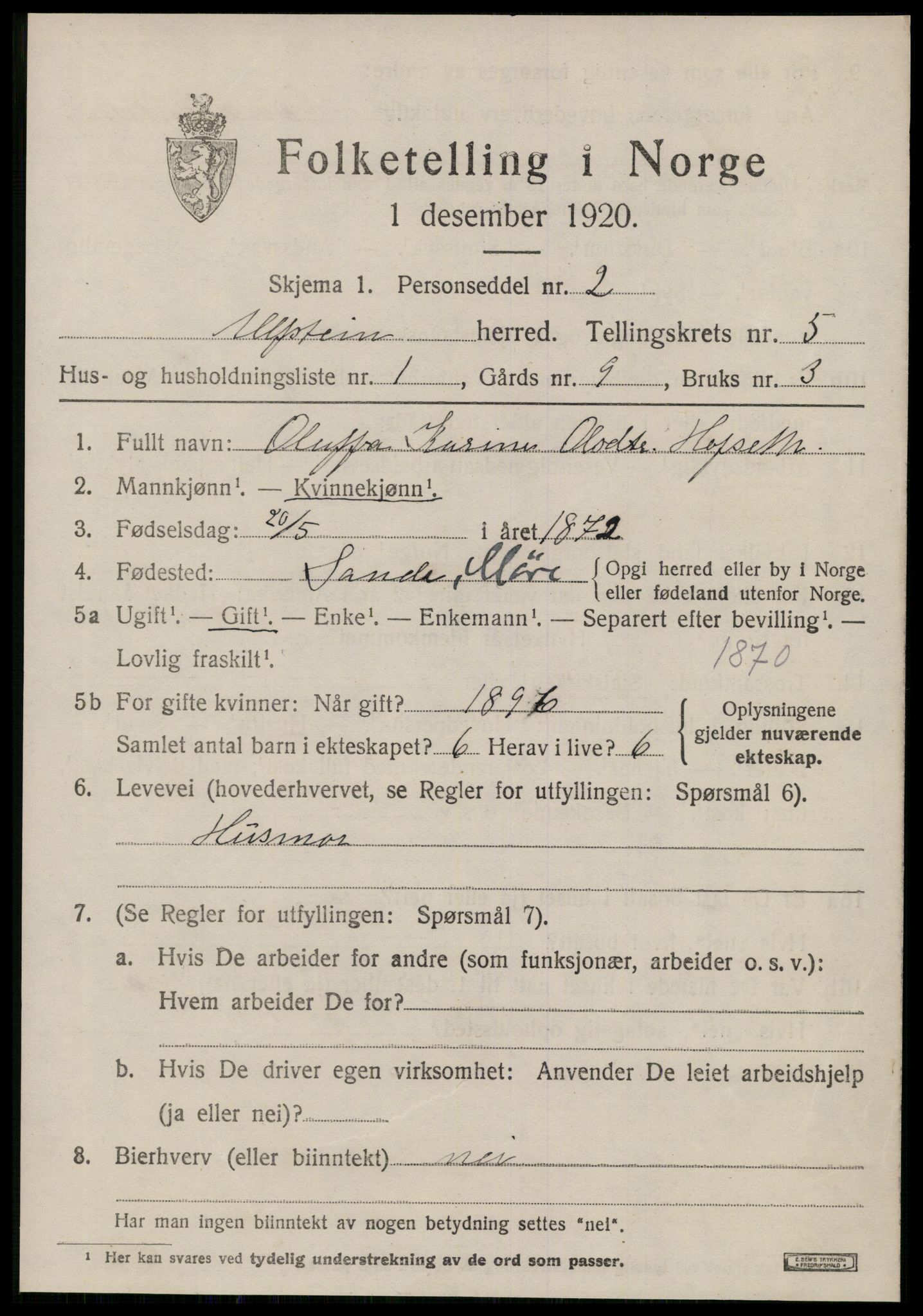 SAT, 1920 census for Ulstein, 1920, p. 3118