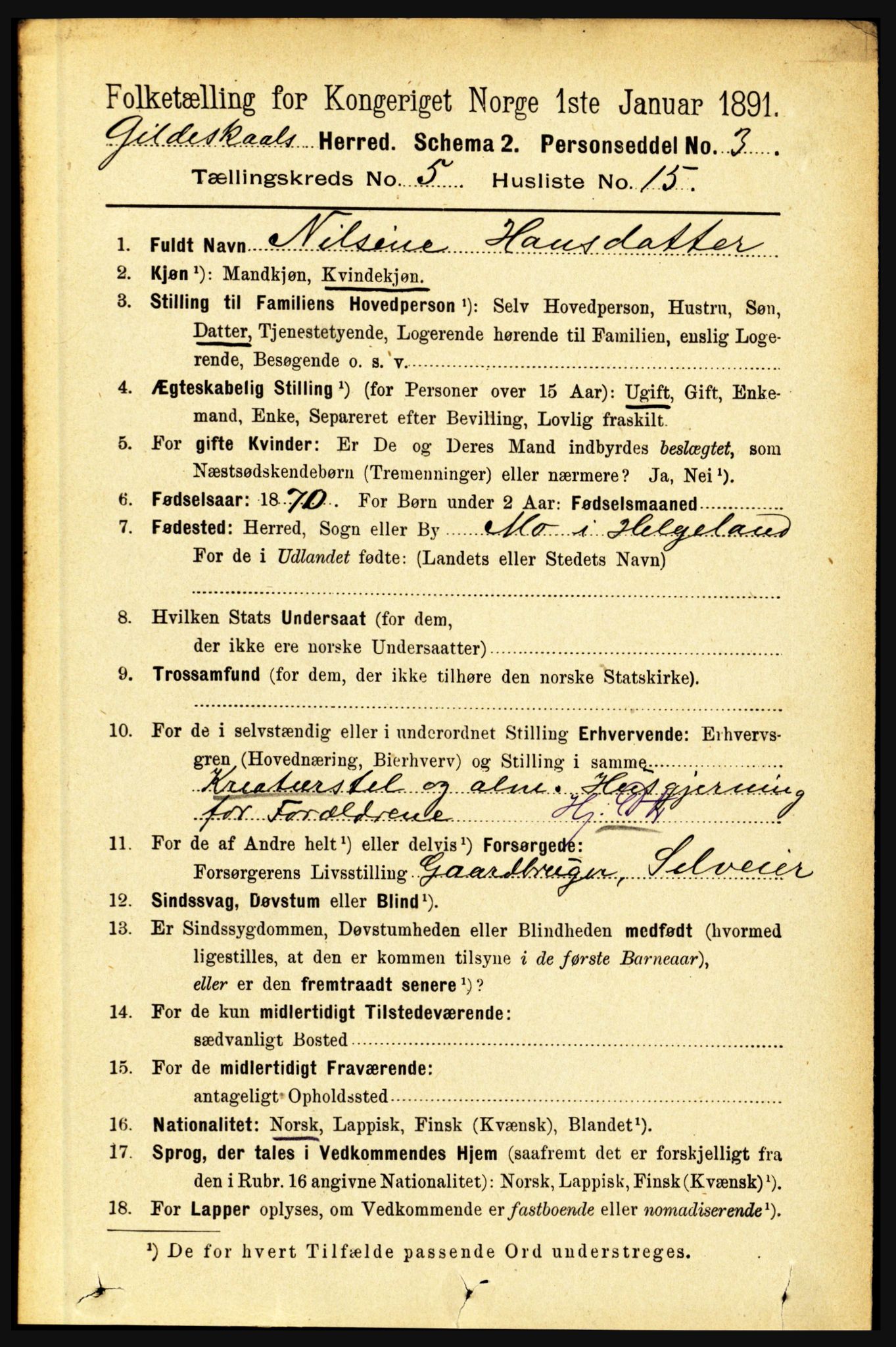 RA, 1891 census for 1838 Gildeskål, 1891, p. 1661