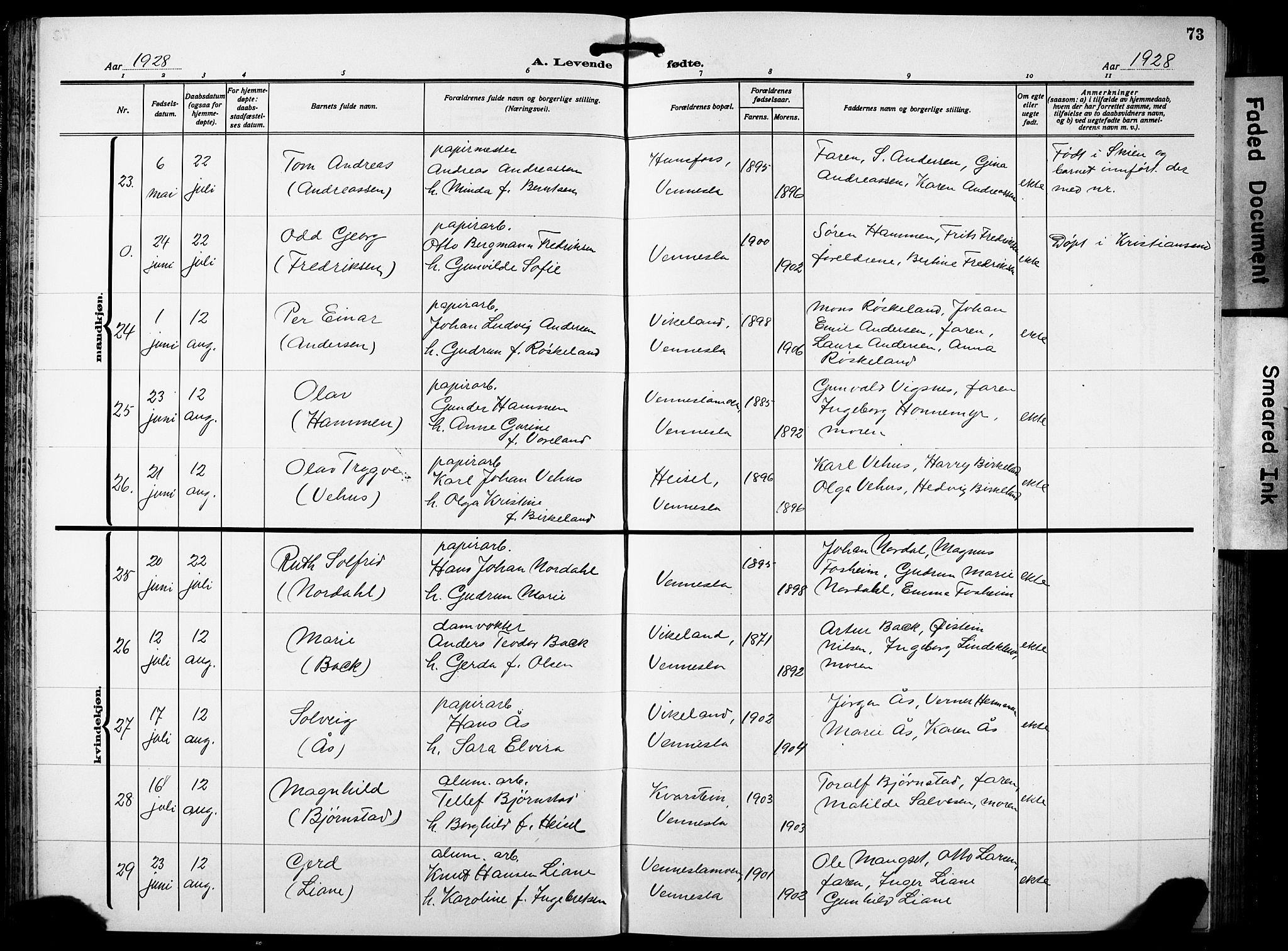 Vennesla sokneprestkontor, AV/SAK-1111-0045/Fb/Fbb/L0007: Parish register (copy) no. B 7, 1922-1933, p. 73