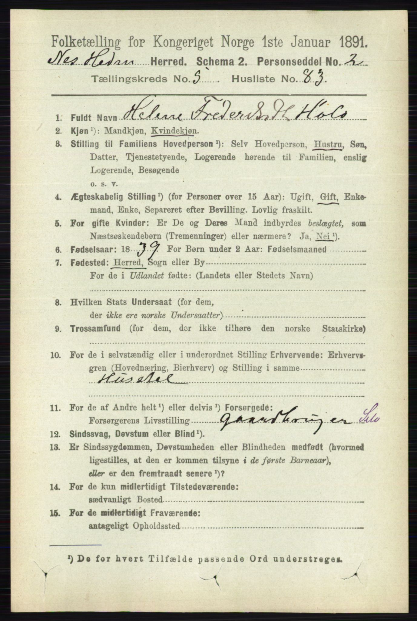 RA, 1891 census for 0411 Nes, 1891, p. 3140