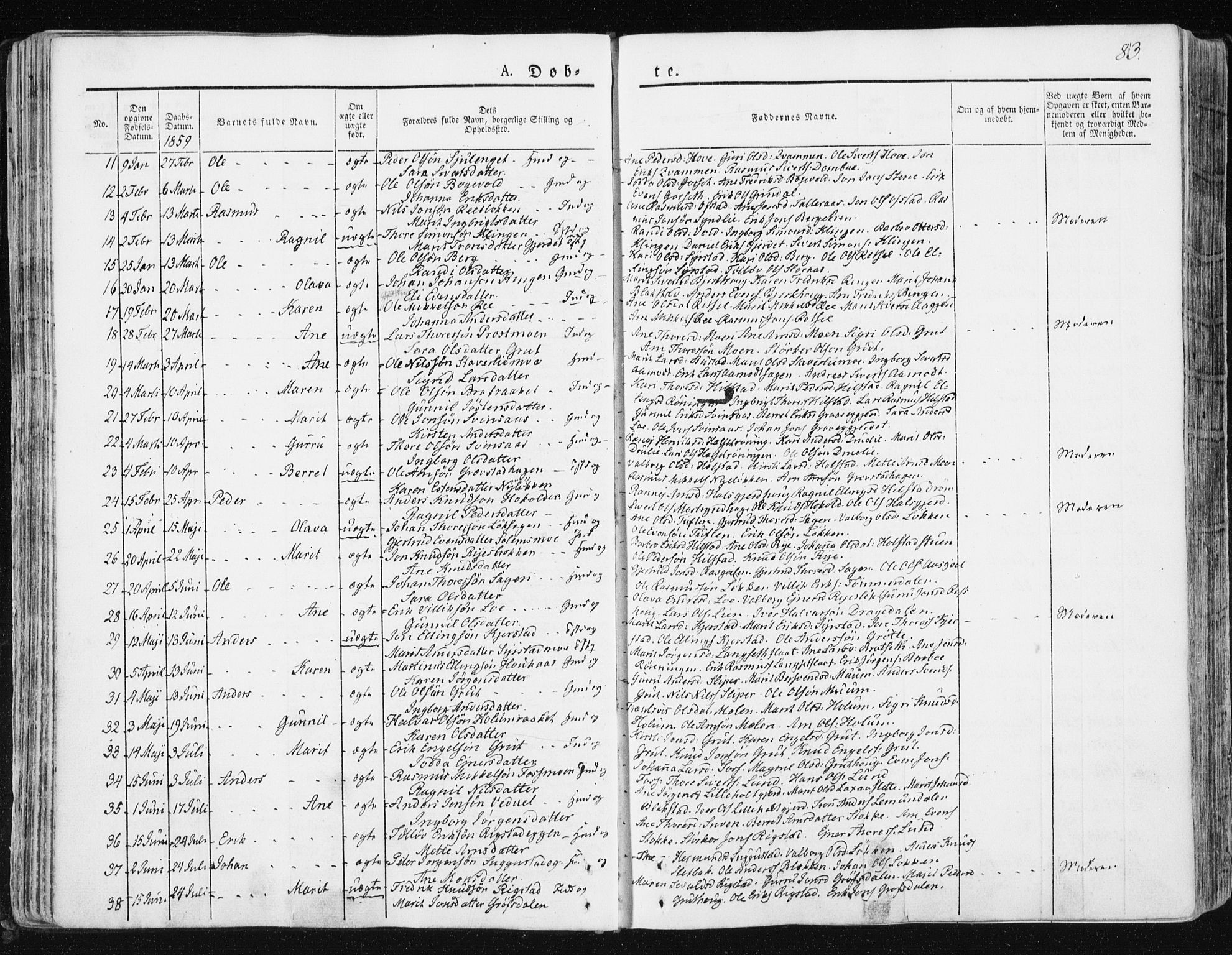 Ministerialprotokoller, klokkerbøker og fødselsregistre - Sør-Trøndelag, SAT/A-1456/672/L0855: Parish register (official) no. 672A07, 1829-1860, p. 83