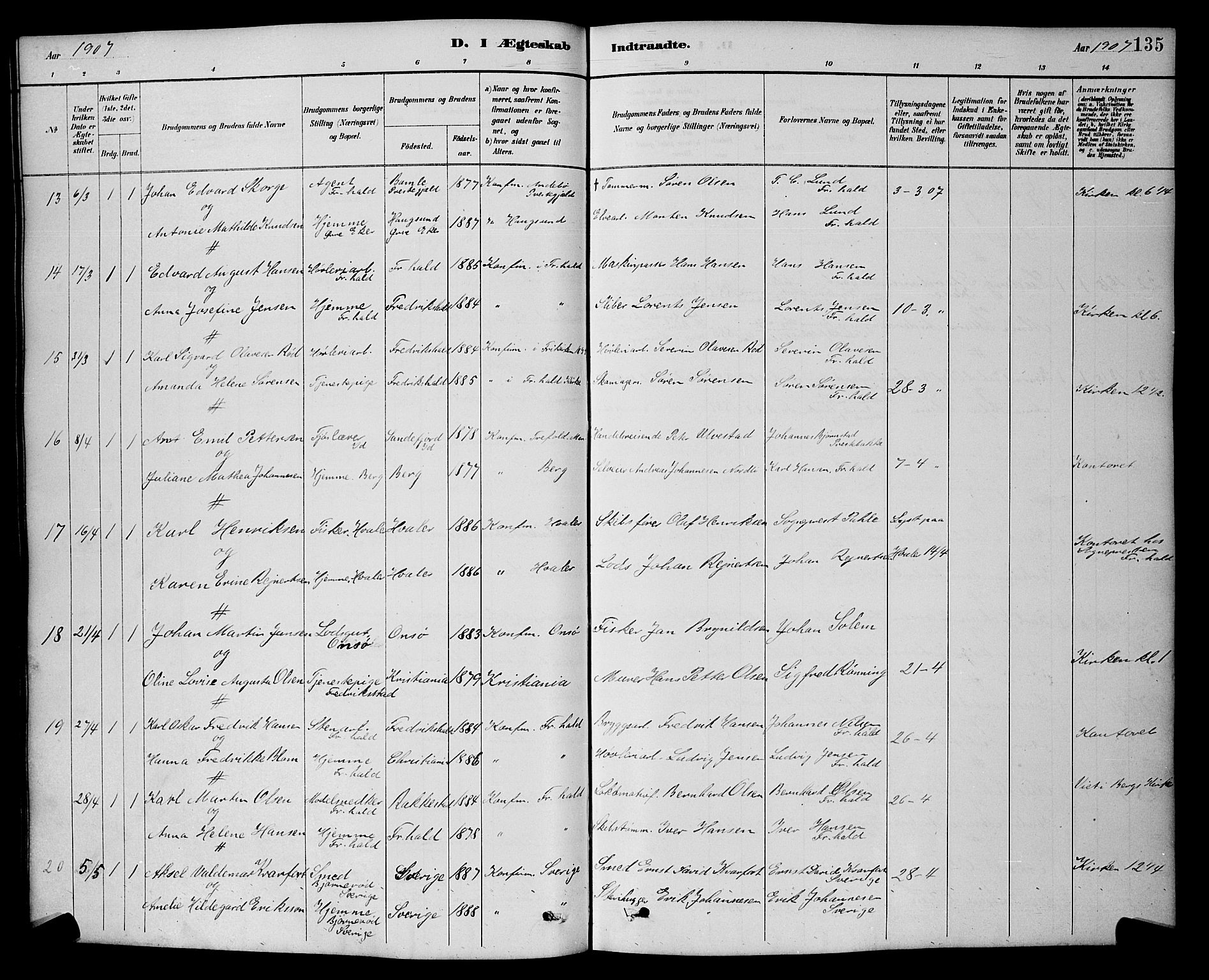 Halden prestekontor Kirkebøker, SAO/A-10909/G/Ga/L0009: Parish register (copy) no. 9, 1885-1908, p. 135