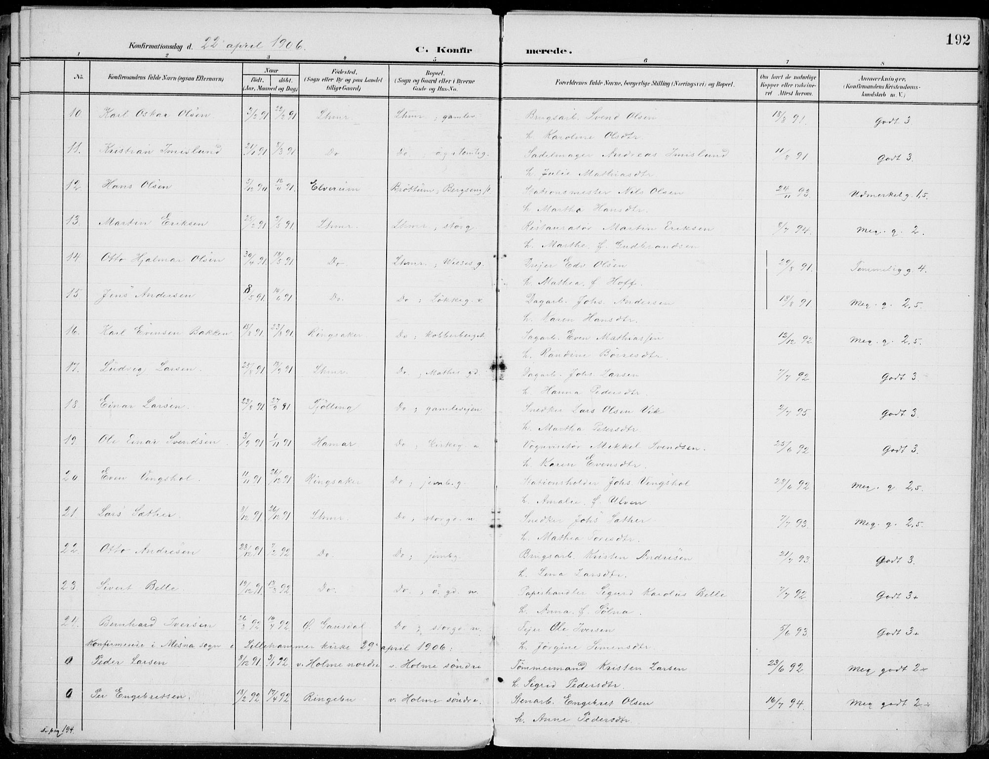 Lillehammer prestekontor, SAH/PREST-088/H/Ha/Haa/L0001: Parish register (official) no. 1, 1901-1916, p. 192