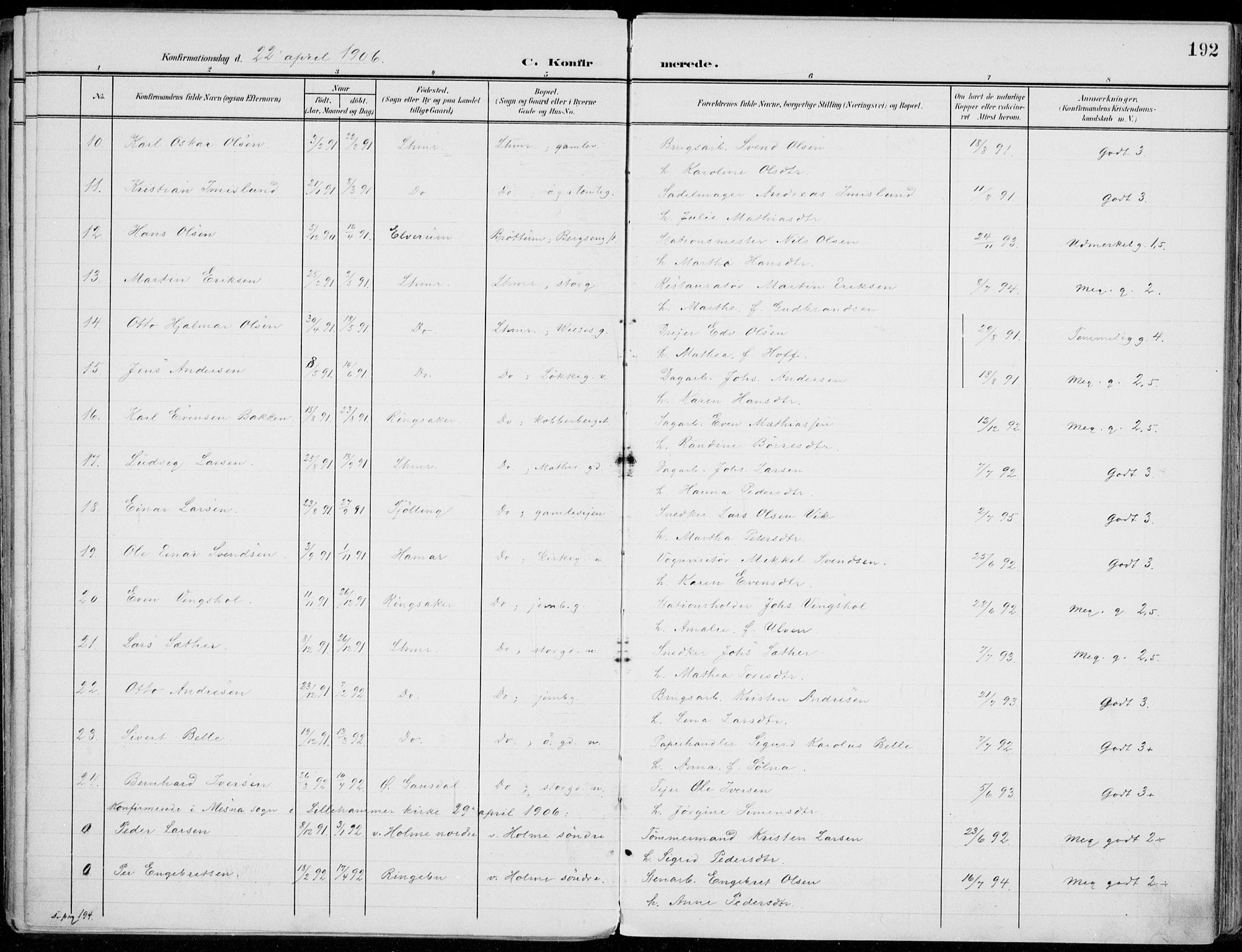 Lillehammer prestekontor, AV/SAH-PREST-088/H/Ha/Haa/L0001: Parish register (official) no. 1, 1901-1916, p. 192