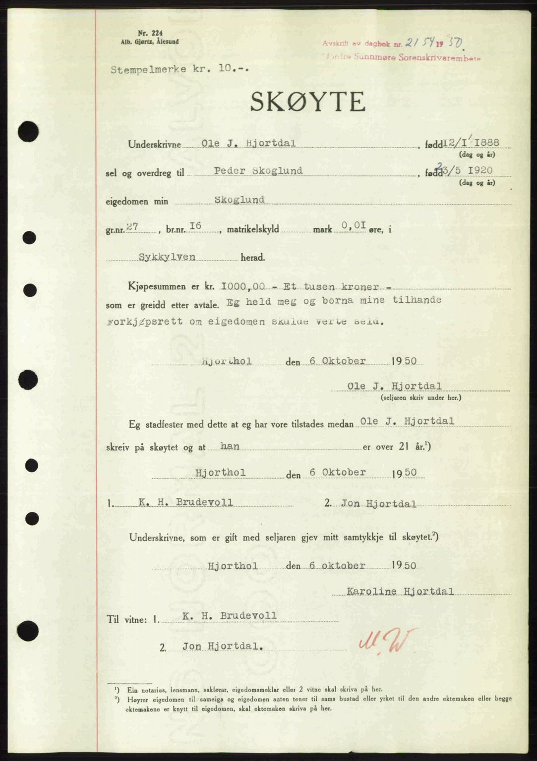 Nordre Sunnmøre sorenskriveri, AV/SAT-A-0006/1/2/2C/2Ca: Mortgage book no. A36, 1950-1950, Diary no: : 2154/1950