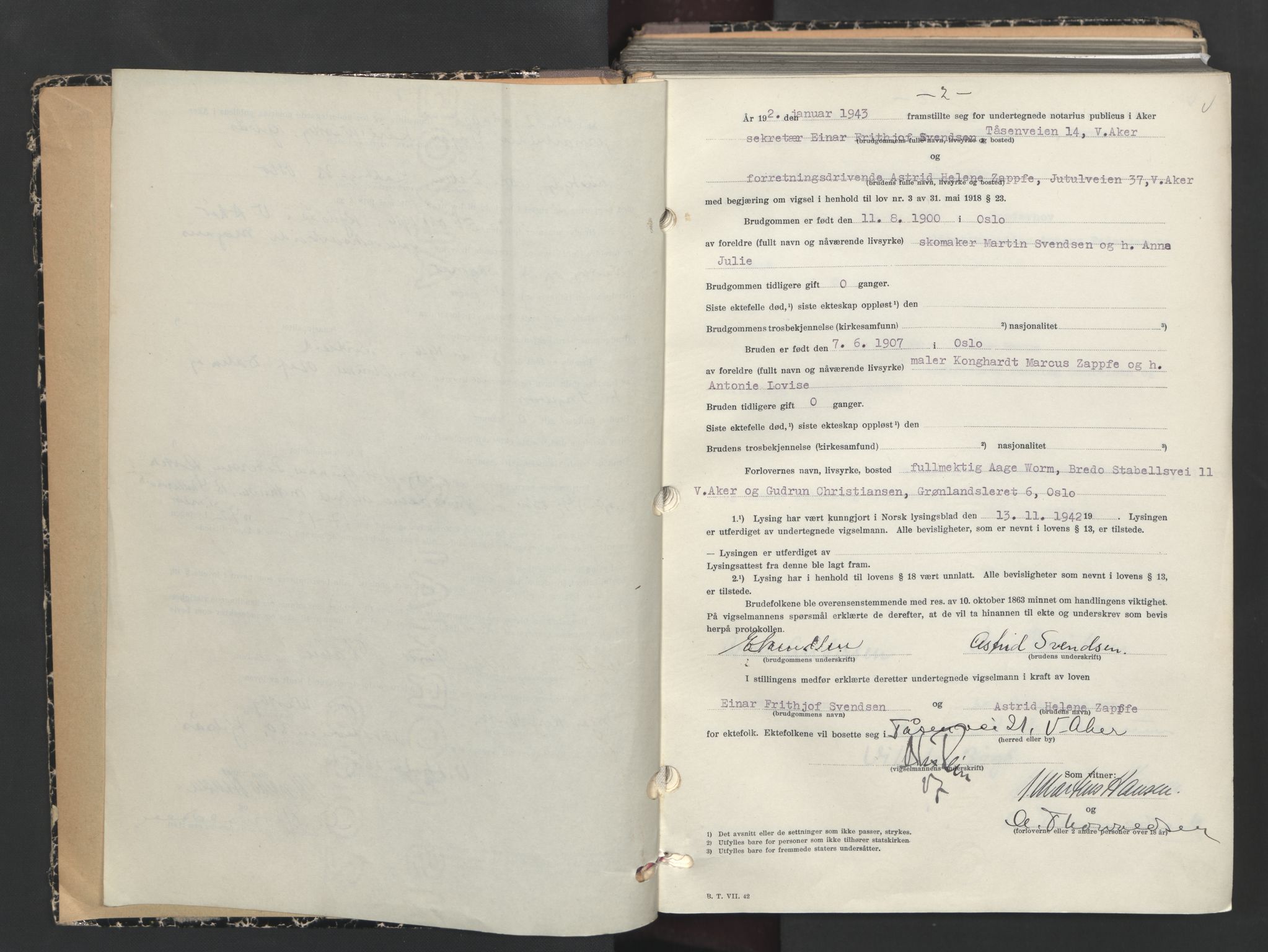 Aker sorenskriveri, AV/SAO-A-10895/L/Lc/Lcb/L0019: Vigselprotokoll, 1943, p. 2