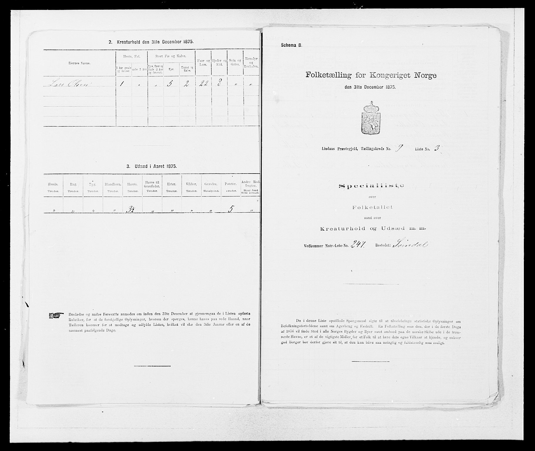 SAB, 1875 census for 1263P Lindås, 1875, p. 822