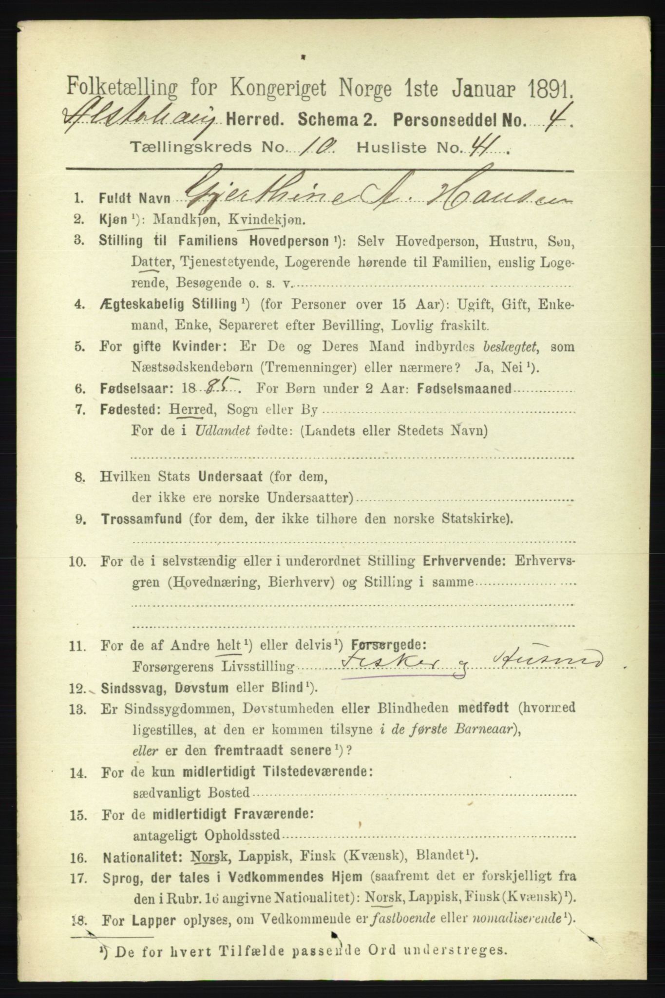 RA, 1891 census for 1820 Alstahaug, 1891, p. 3809