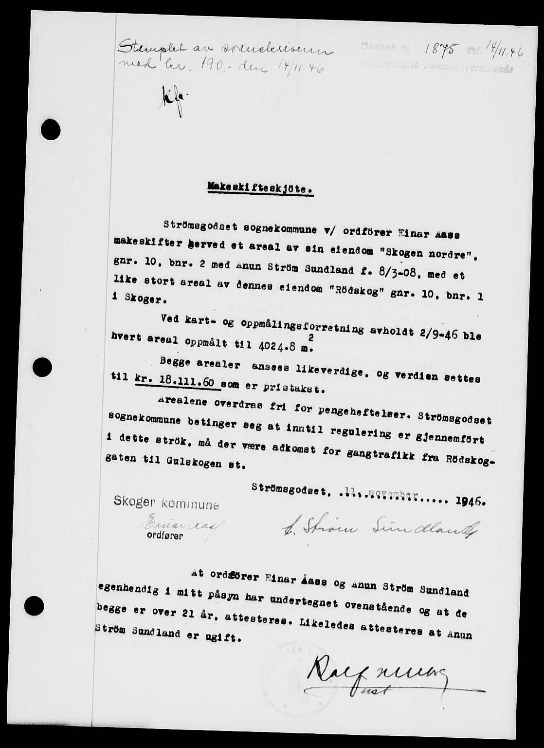 Holmestrand sorenskriveri, AV/SAKO-A-67/G/Ga/Gaa/L0061: Mortgage book no. A-61, 1946-1947, Diary no: : 1875/1946
