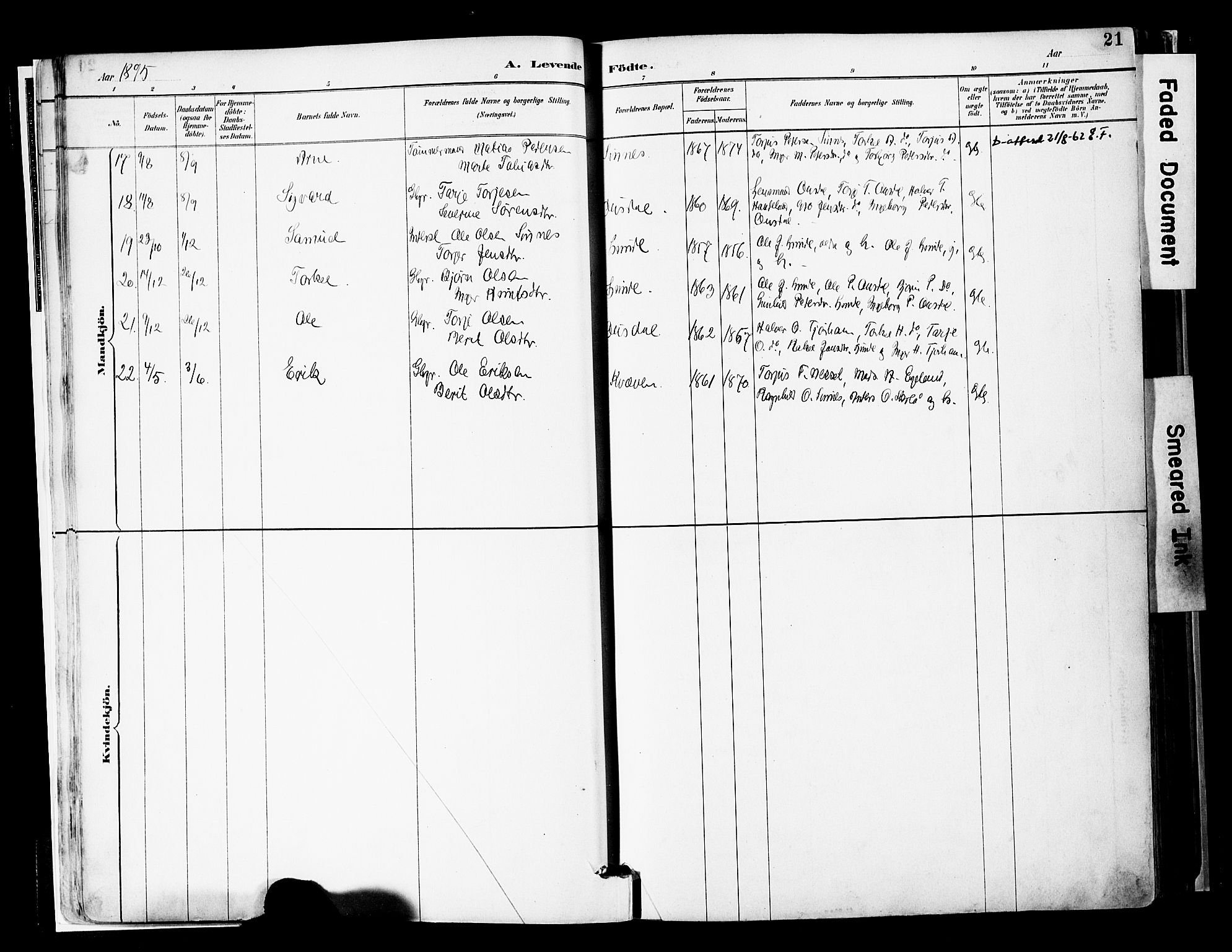 Sirdal sokneprestkontor, AV/SAK-1111-0036/F/Fa/Faa/L0001: Parish register (official) no. A 1, 1887-1910, p. 21