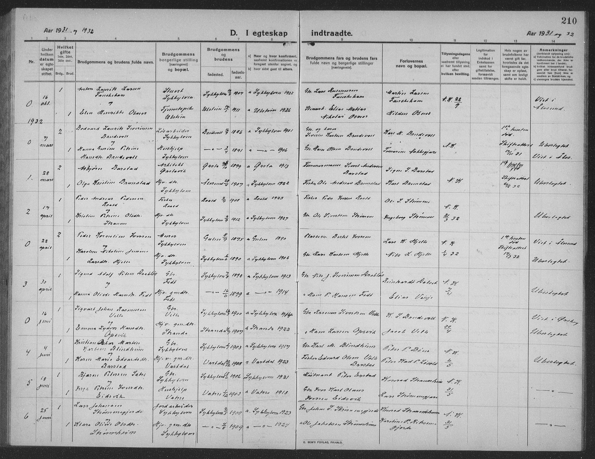 Ministerialprotokoller, klokkerbøker og fødselsregistre - Møre og Romsdal, AV/SAT-A-1454/523/L0342: Parish register (copy) no. 523C05, 1916-1937, p. 210