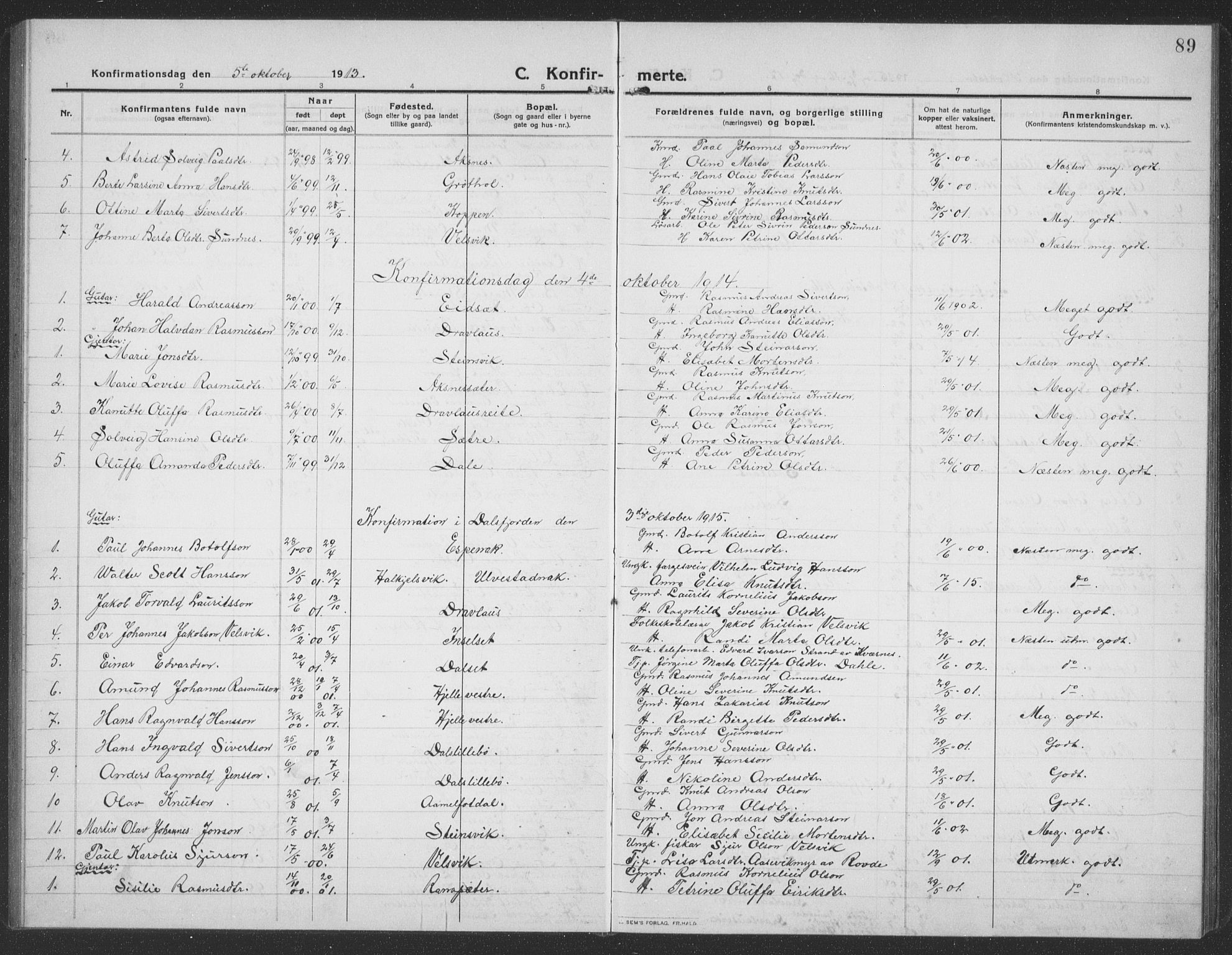 Ministerialprotokoller, klokkerbøker og fødselsregistre - Møre og Romsdal, AV/SAT-A-1454/512/L0169: Parish register (copy) no. 512C01, 1910-1935, p. 89