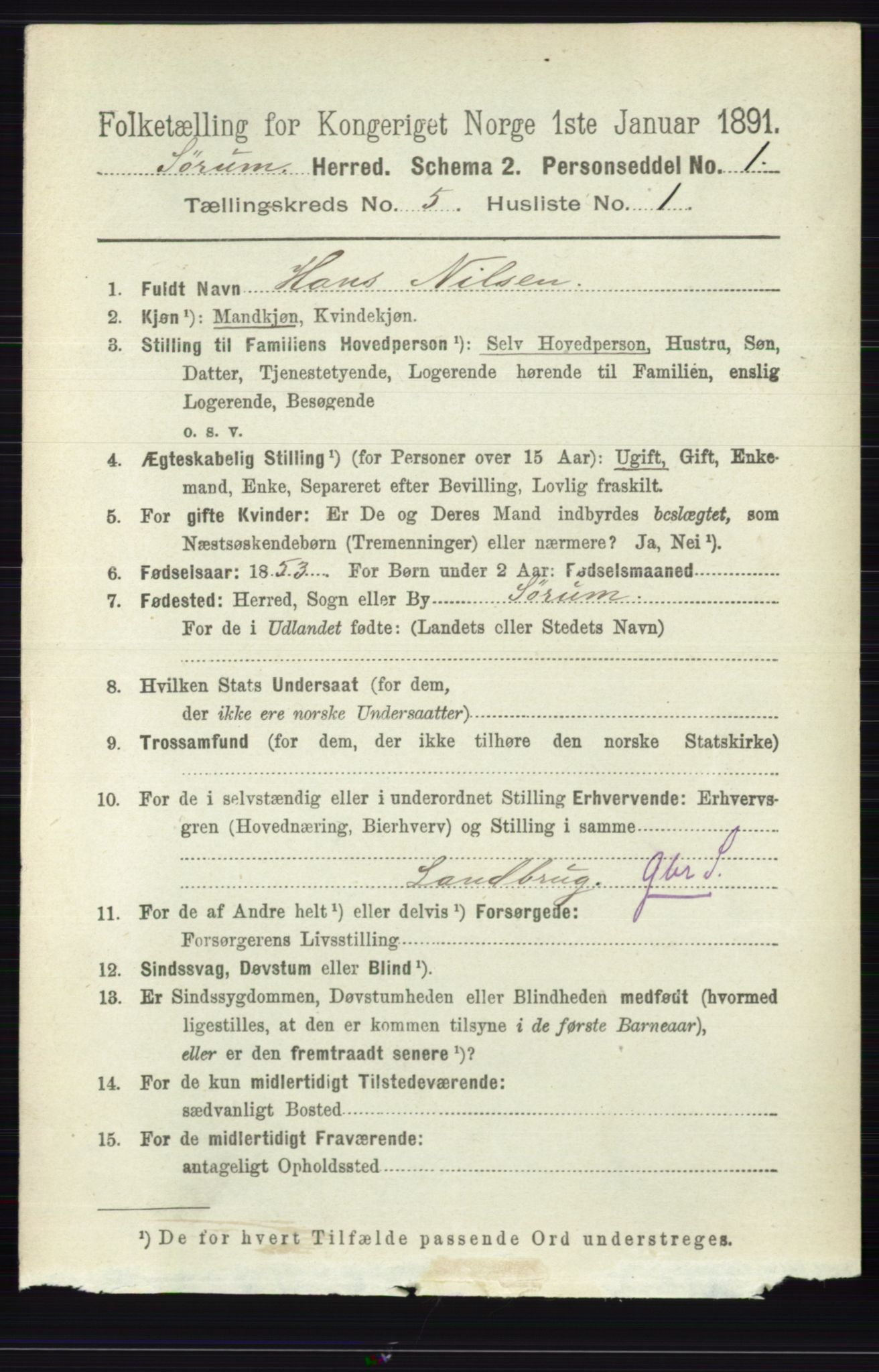 RA, 1891 census for 0226 Sørum, 1891, p. 2310