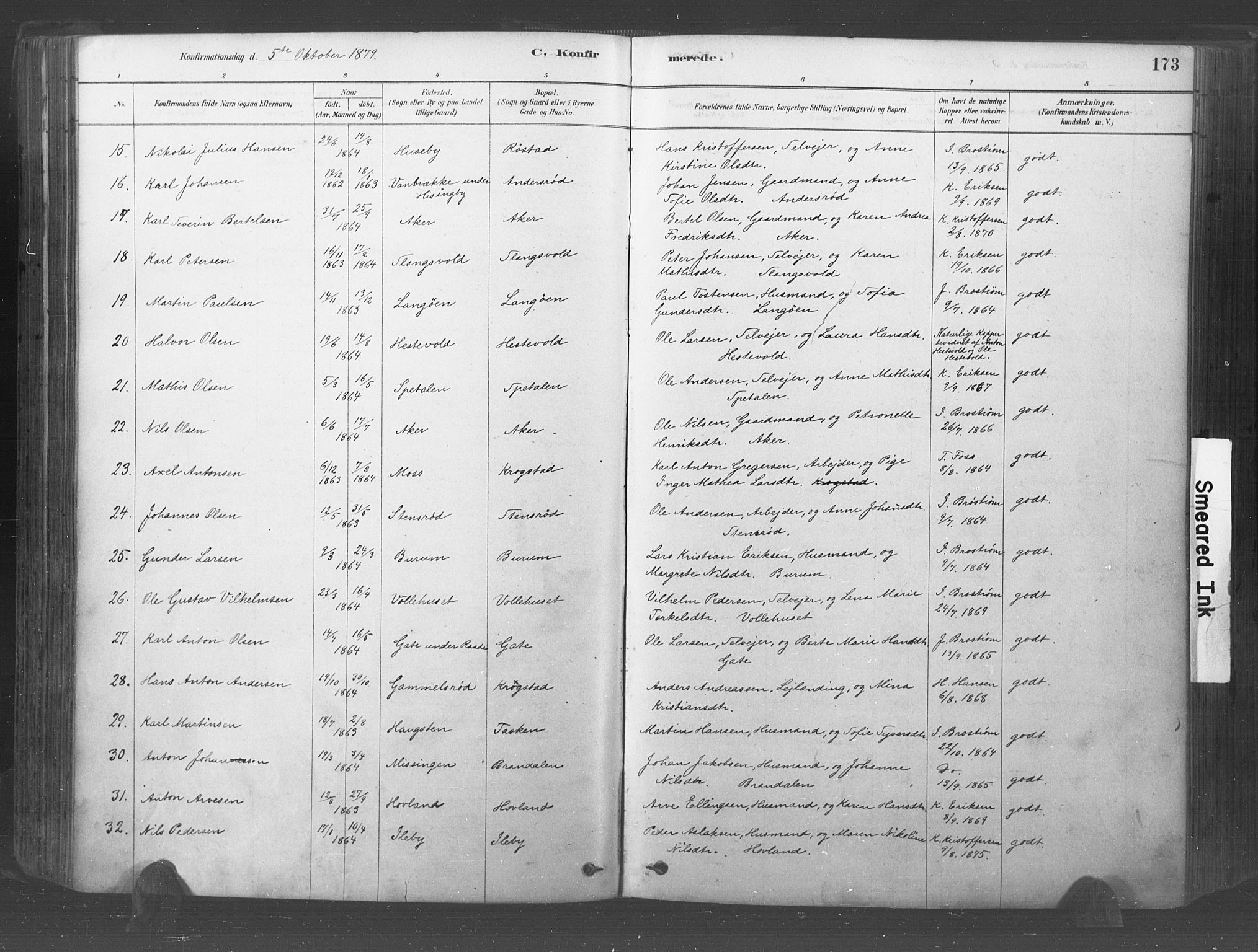 Råde prestekontor kirkebøker, AV/SAO-A-2009/F/Fa/L0007: Parish register (official) no. 7, 1878-1902, p. 173