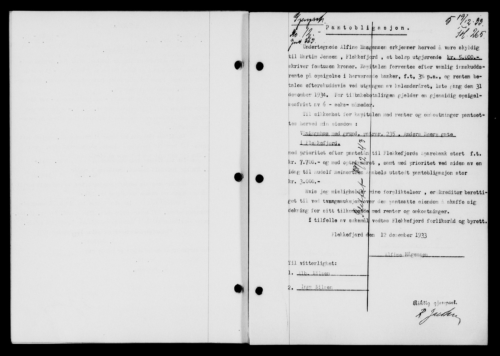 Flekkefjord sorenskriveri, AV/SAK-1221-0001/G/Gb/Gba/L0049: Mortgage book no. 46, 1933-1934, Deed date: 19.12.1933