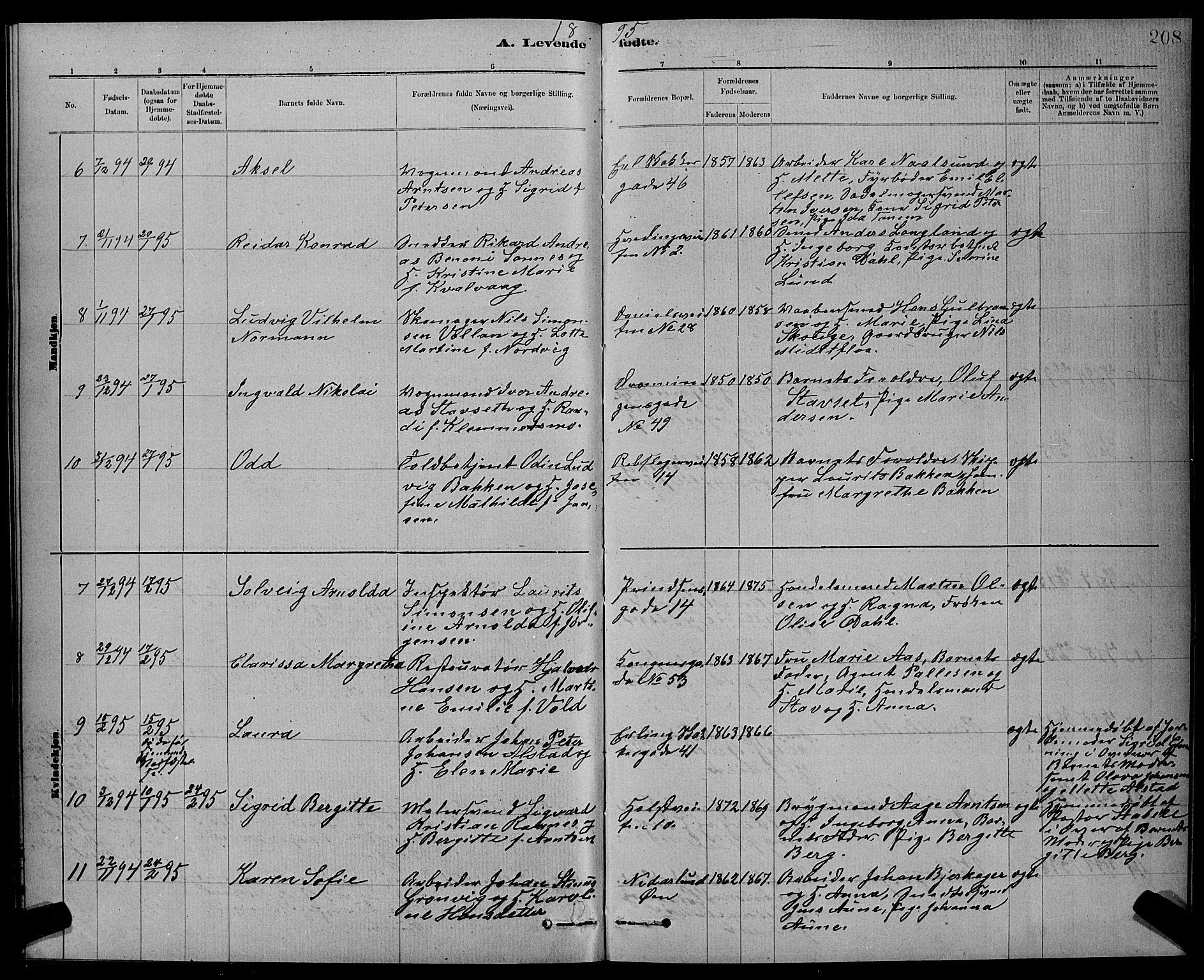 Ministerialprotokoller, klokkerbøker og fødselsregistre - Sør-Trøndelag, SAT/A-1456/601/L0092: Parish register (copy) no. 601C10, 1884-1897, p. 208