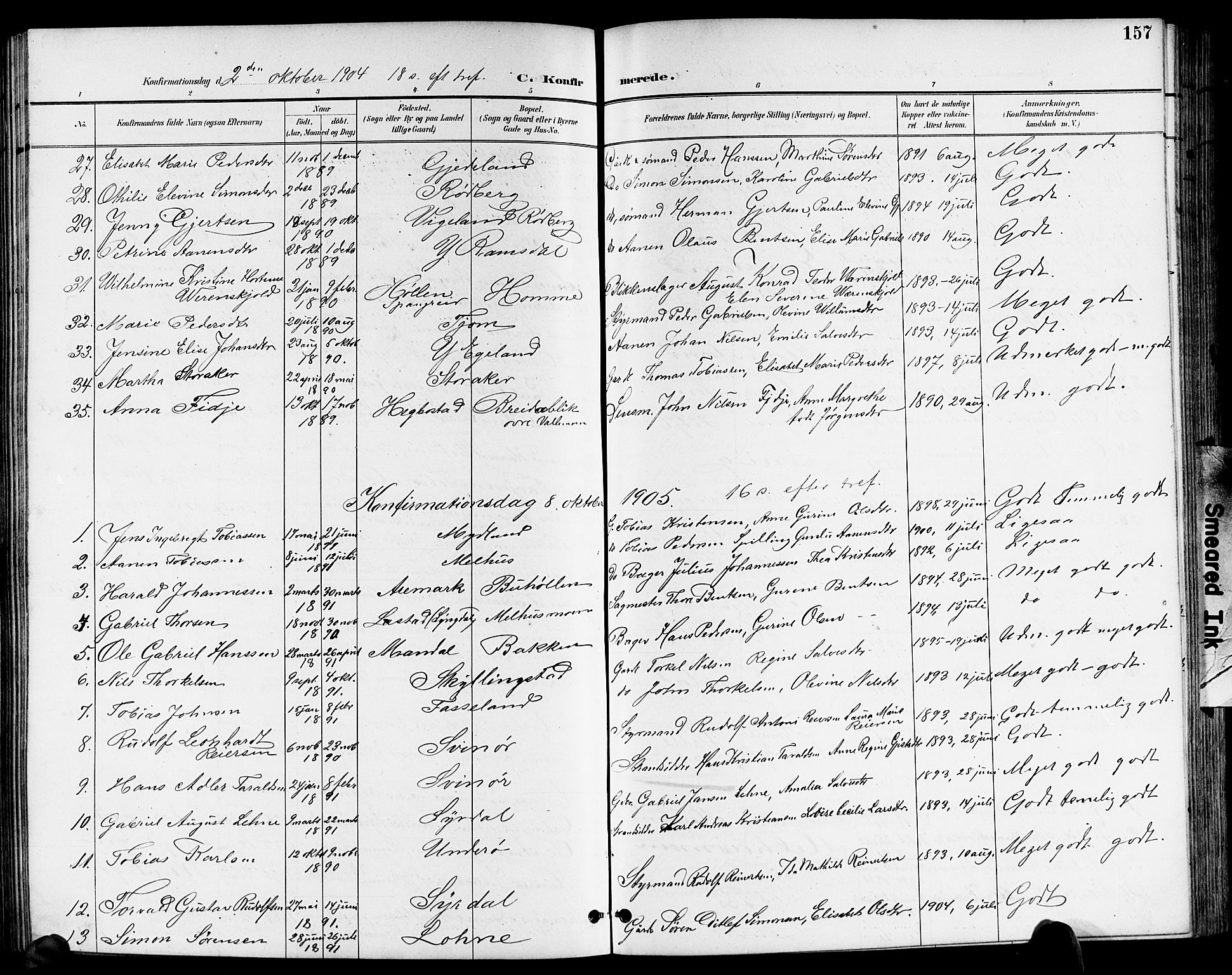 Sør-Audnedal sokneprestkontor, AV/SAK-1111-0039/F/Fb/Fbb/L0006: Parish register (copy) no. B 6, 1893-1915, p. 157