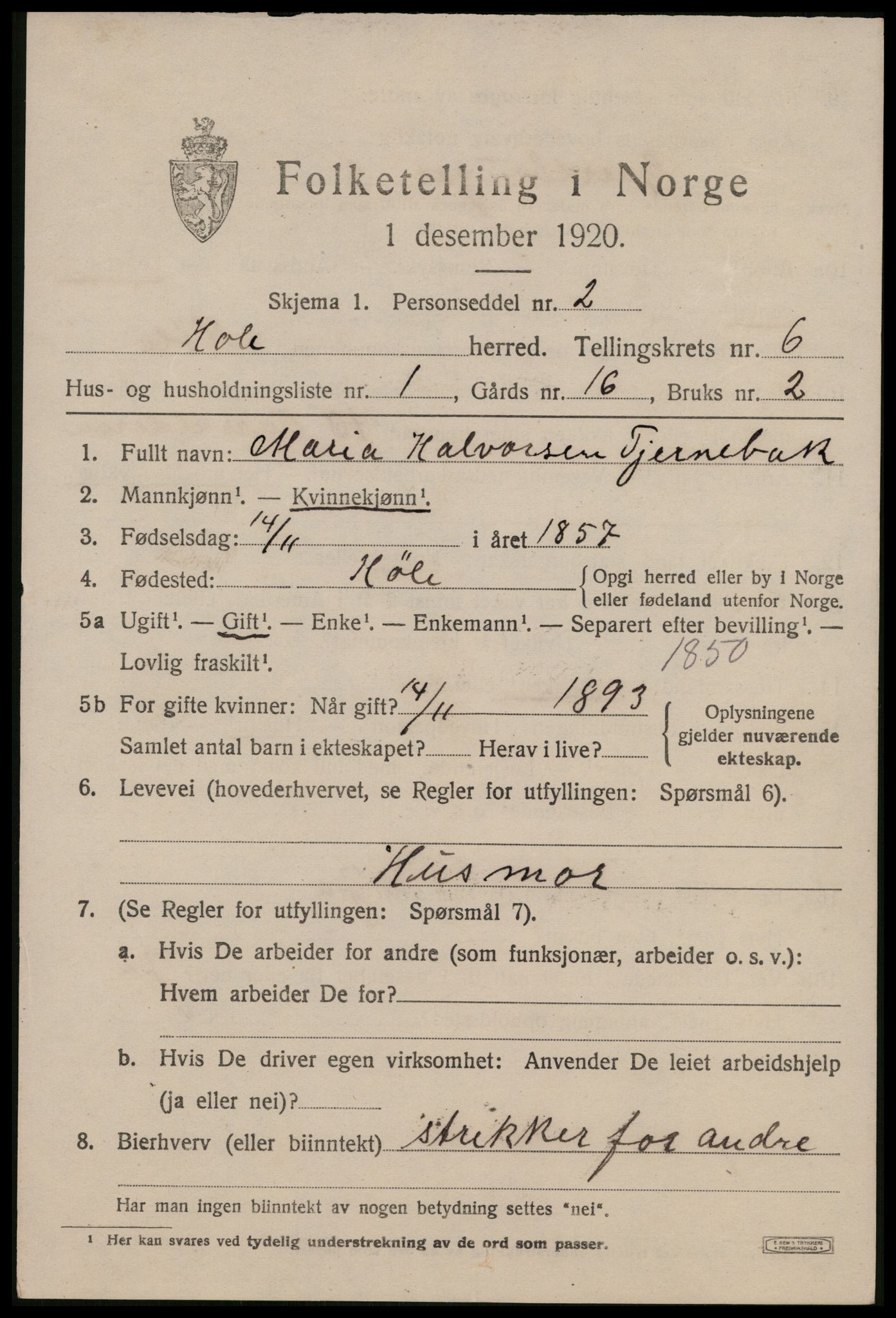 SAST, 1920 census for Høle, 1920, p. 1823