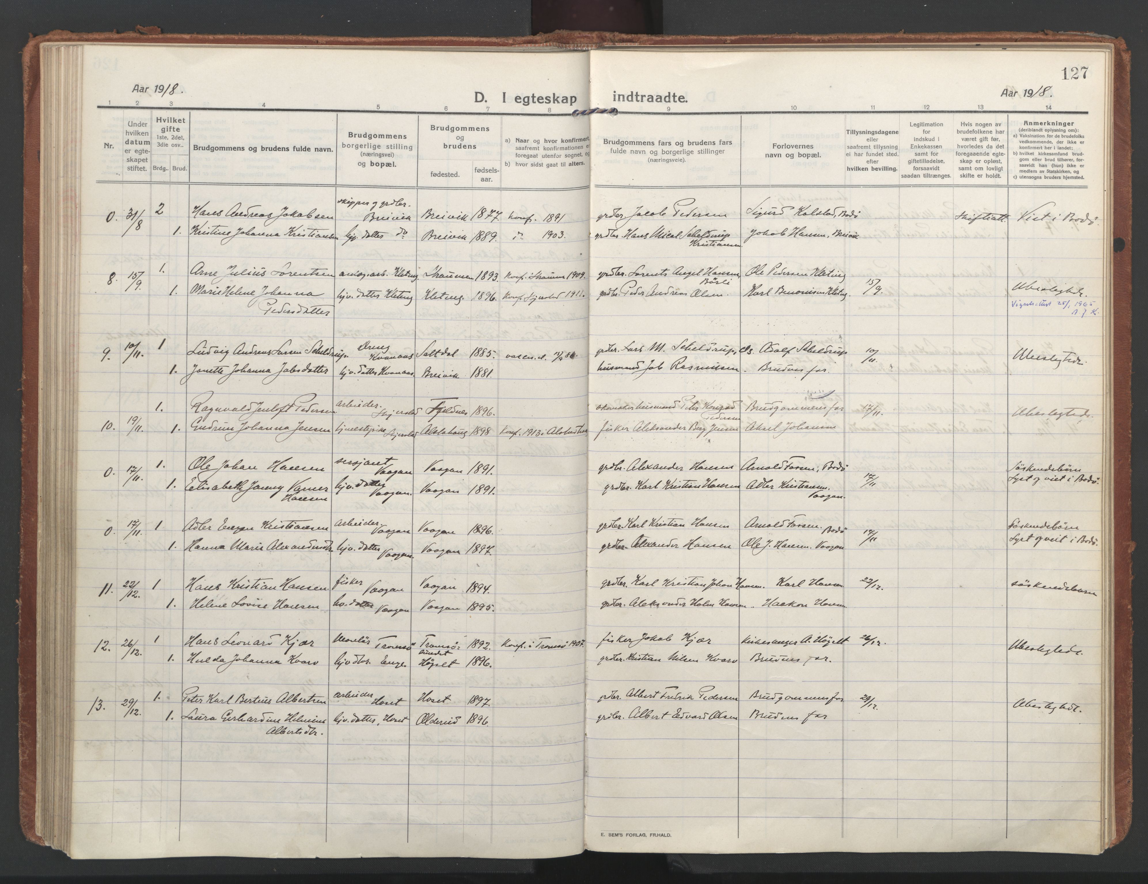 Ministerialprotokoller, klokkerbøker og fødselsregistre - Nordland, SAT/A-1459/852/L0748: Parish register (official) no. 852A18, 1913-1932, p. 127
