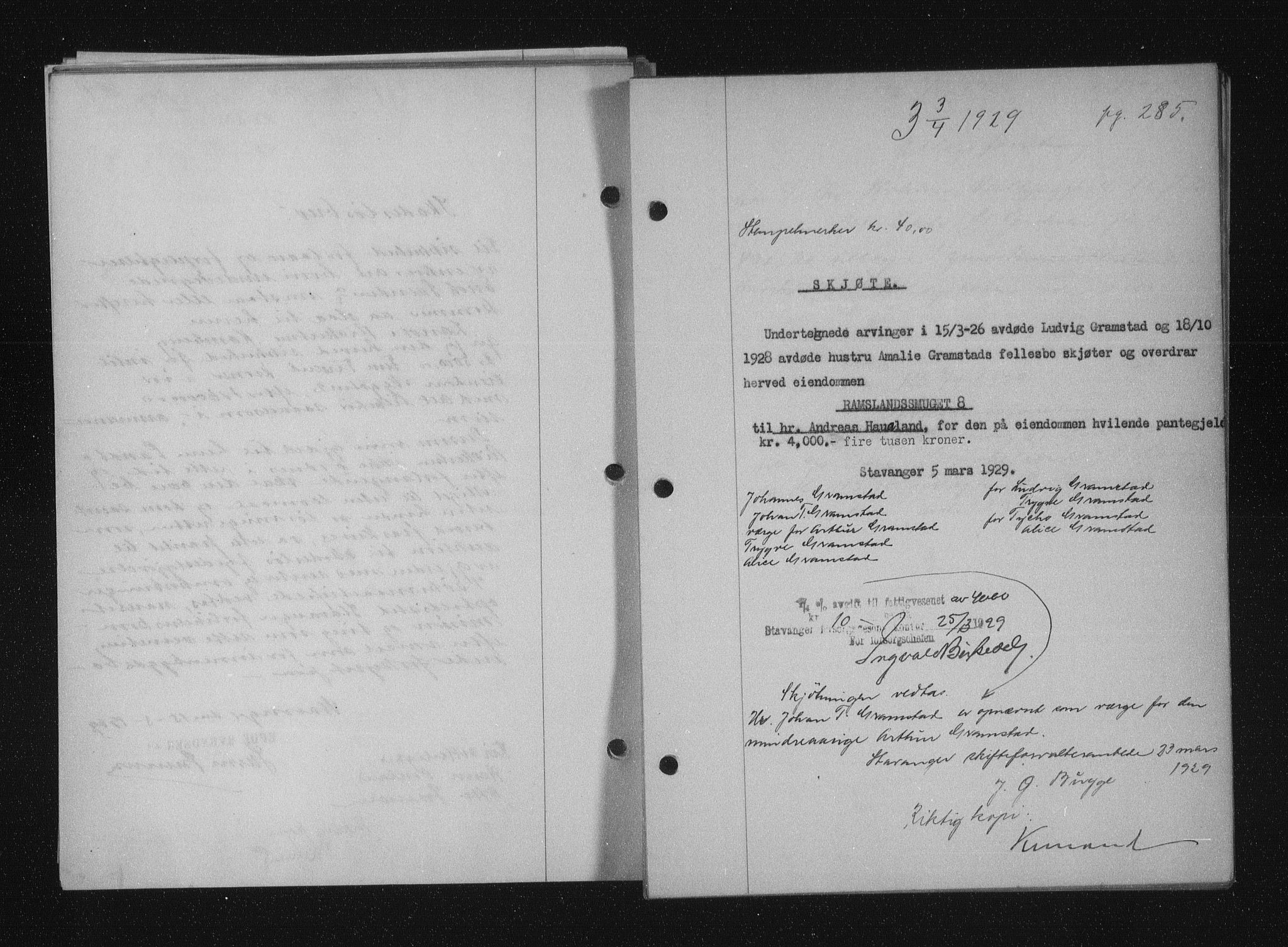 Stavanger byfogd, SAST/A-101408/001/4/41/410/410BB/L0055: Mortgage book no. 43, 1928-1929, Deed date: 03.04.1929