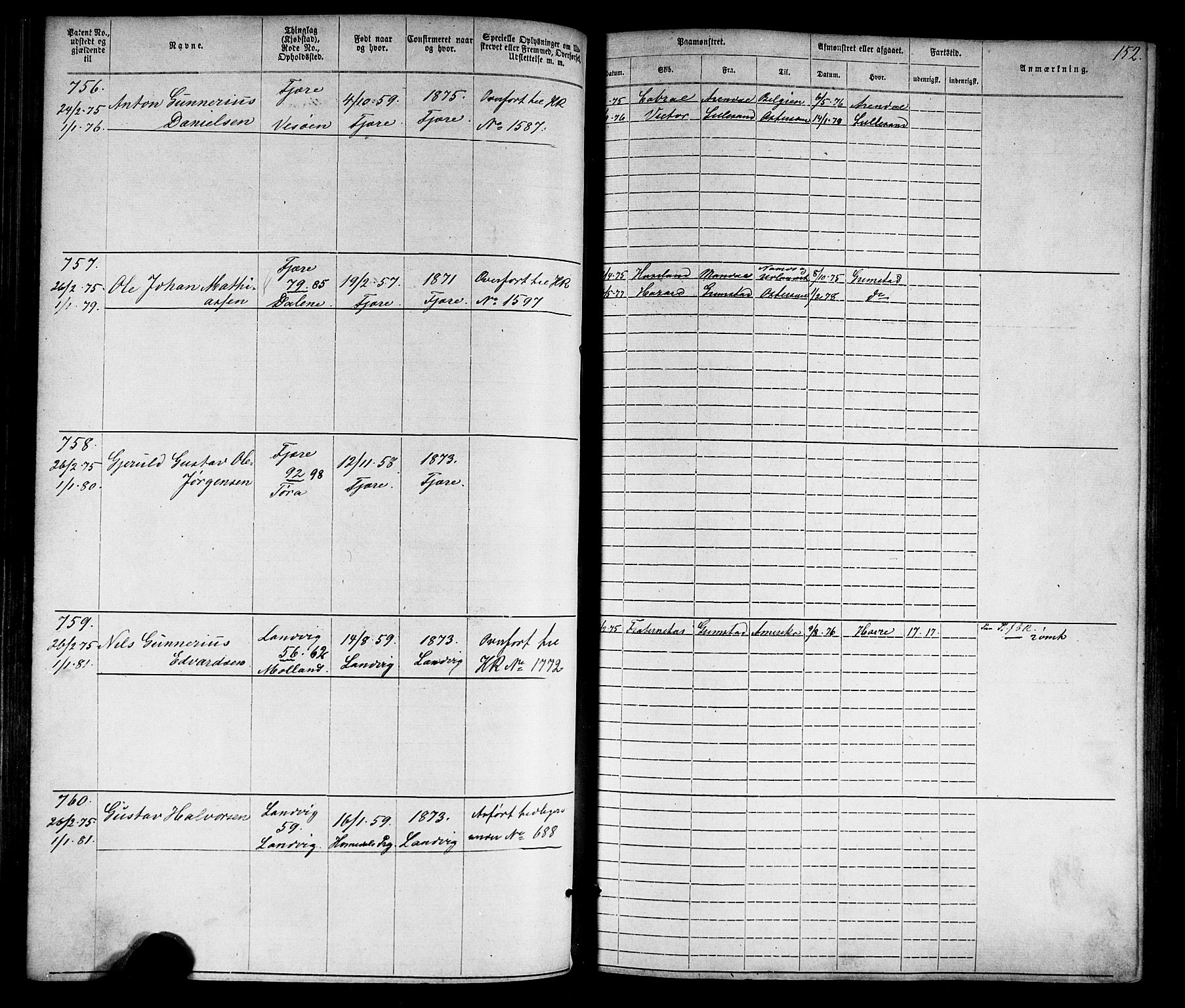 Grimstad mønstringskrets, SAK/2031-0013/F/Fa/L0005: Annotasjonsrulle nr 1-1910 med register, V-18, 1870-1892, p. 179