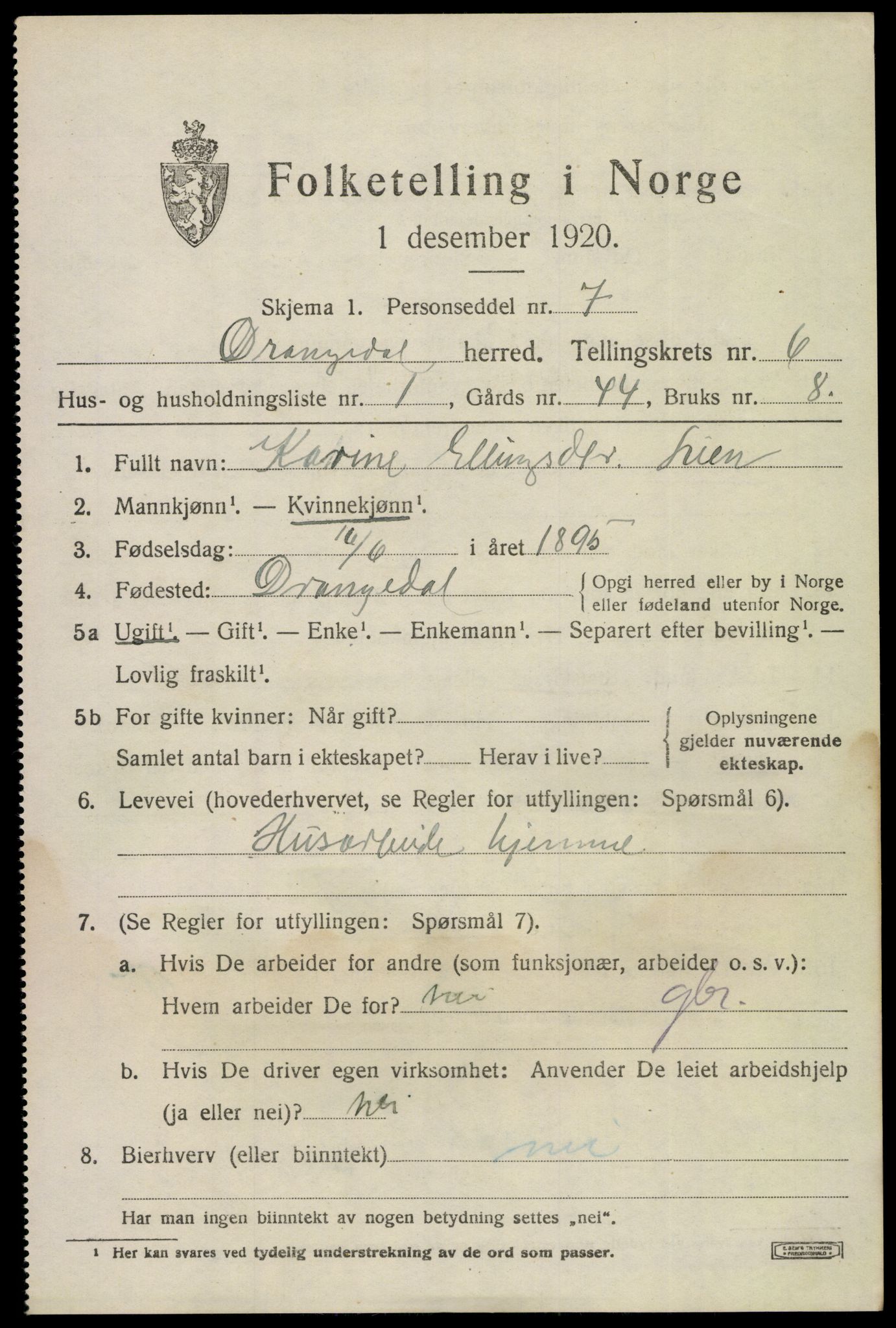 SAKO, 1920 census for Drangedal, 1920, p. 4241