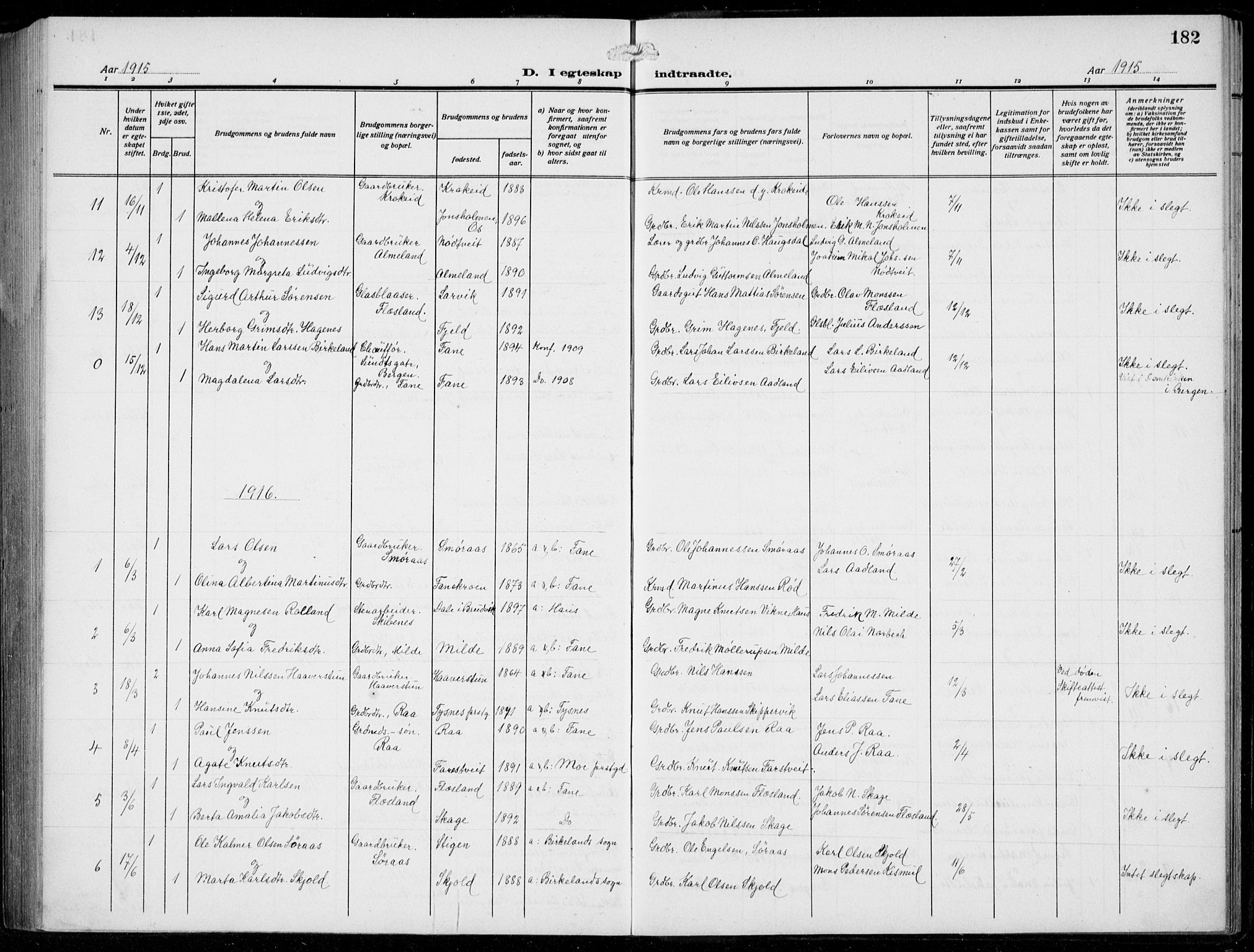 Fana Sokneprestembete, AV/SAB-A-75101/H/Hab/Haba/L0005: Parish register (copy) no. A 5, 1911-1932, p. 182