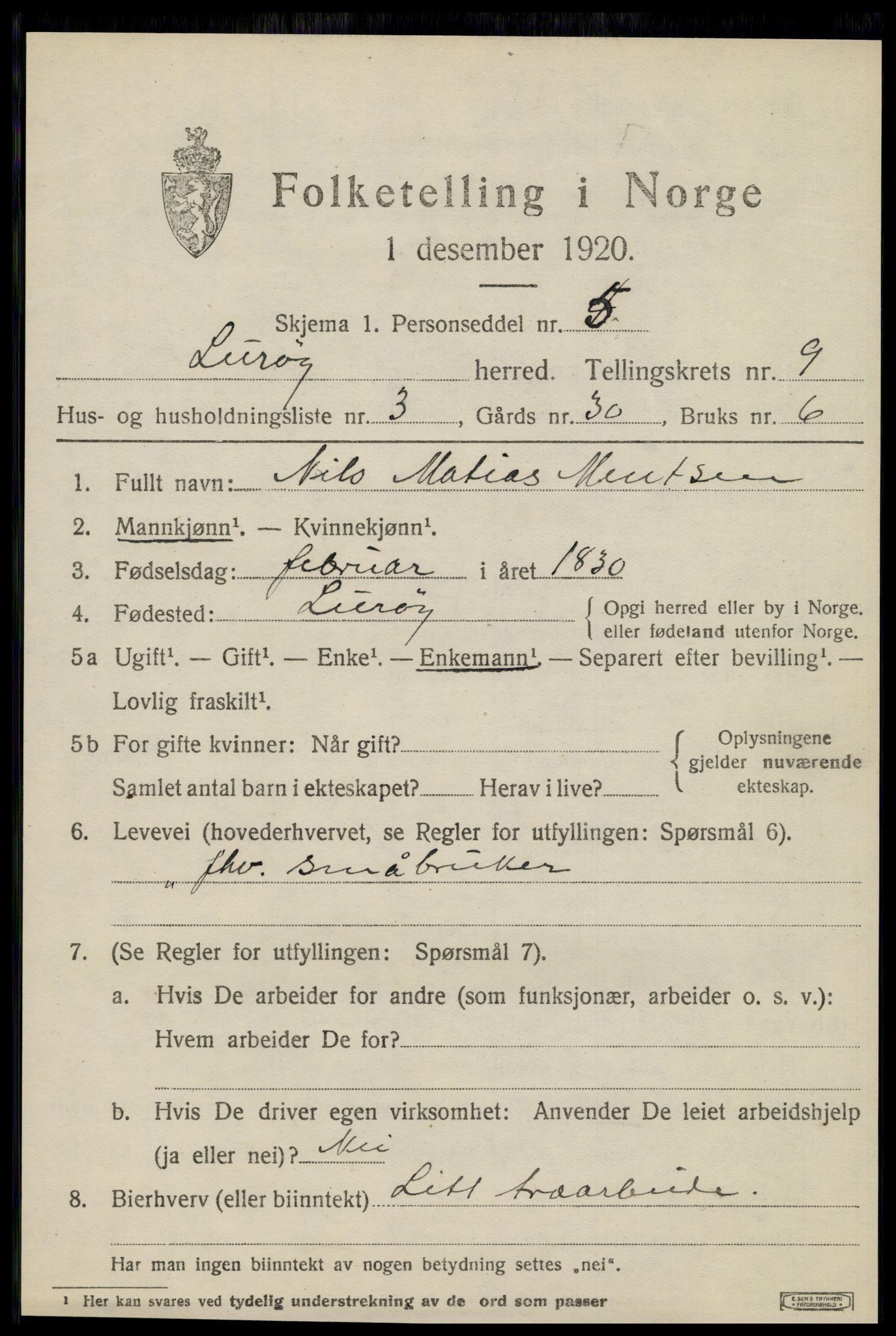 SAT, 1920 census for Lurøy, 1920, p. 4045