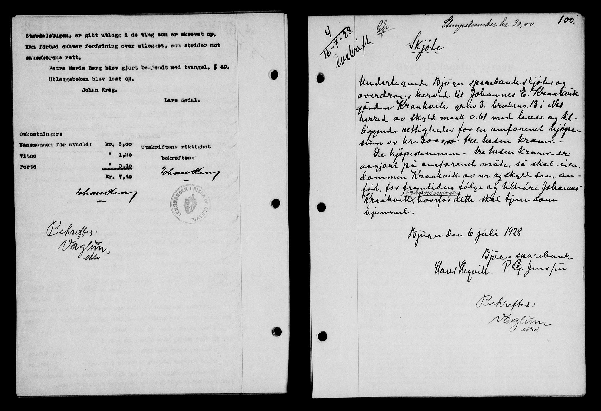 Fosen sorenskriveri, AV/SAT-A-1107/1/2/2C/L0067: Mortgage book no. 58, 1928-1929, p. 100, Deed date: 16.07.1928