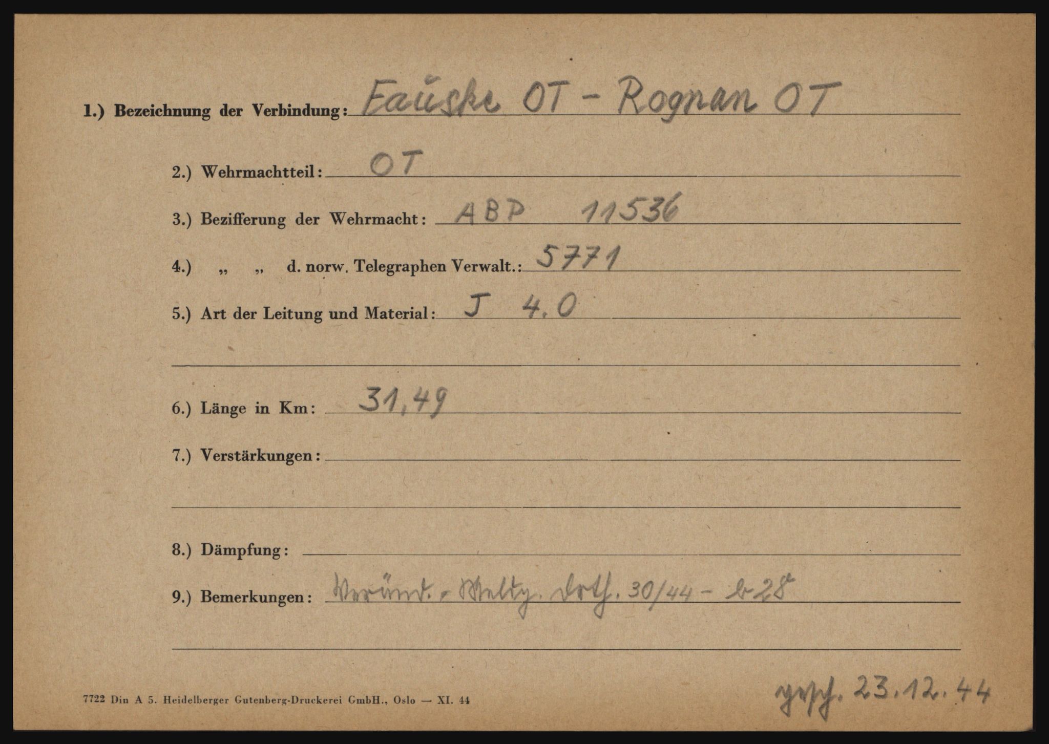 Tyske arkiver, Organisation Todt (OT), Einsatzgruppe Wiking, AV/RA-RAFA-2188/1/O/O12/L0003: Kartotek over tyske telefon- og fjernskriverlinjer i Norge, 1940-1945, p. 70