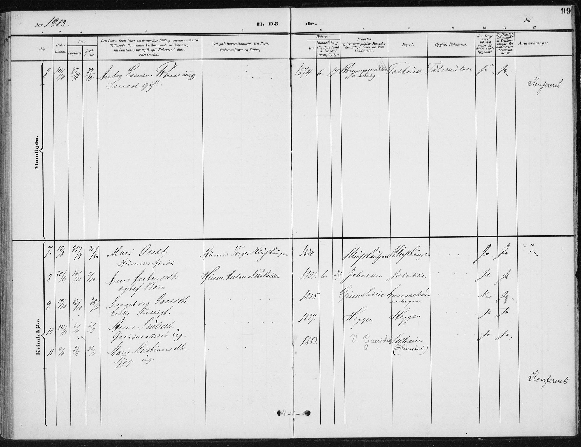 Østre Gausdal prestekontor, SAH/PREST-092/H/Ha/Haa/L0005: Parish register (official) no. 5, 1902-1920, p. 99