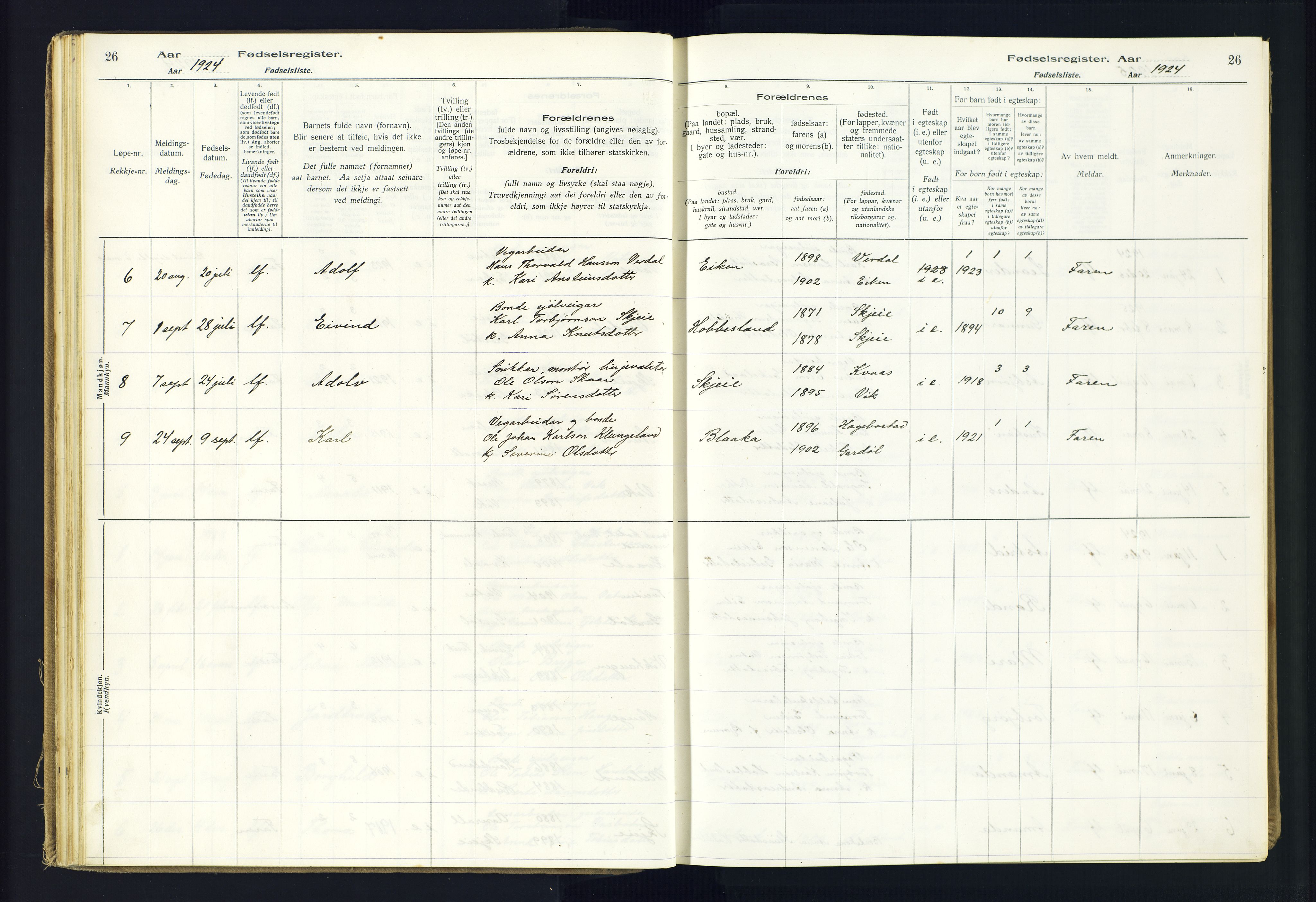 Hægebostad sokneprestkontor, AV/SAK-1111-0024/J/Ja/L0002: Birth register no. II.6.8, 1916-1982, p. 26