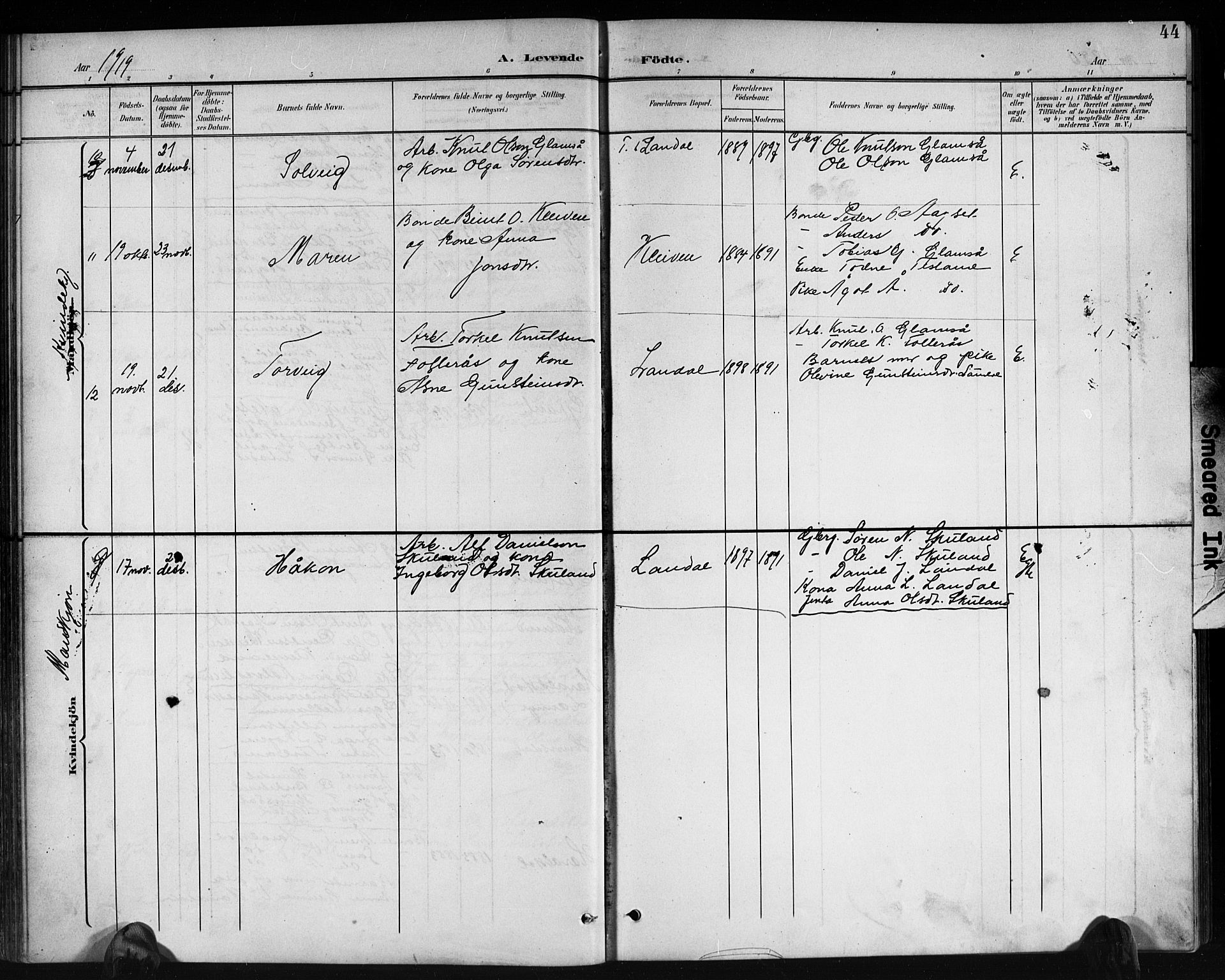 Holum sokneprestkontor, AV/SAK-1111-0022/F/Fb/Fbb/L0004: Parish register (copy) no. B 4, 1899-1920, p. 44