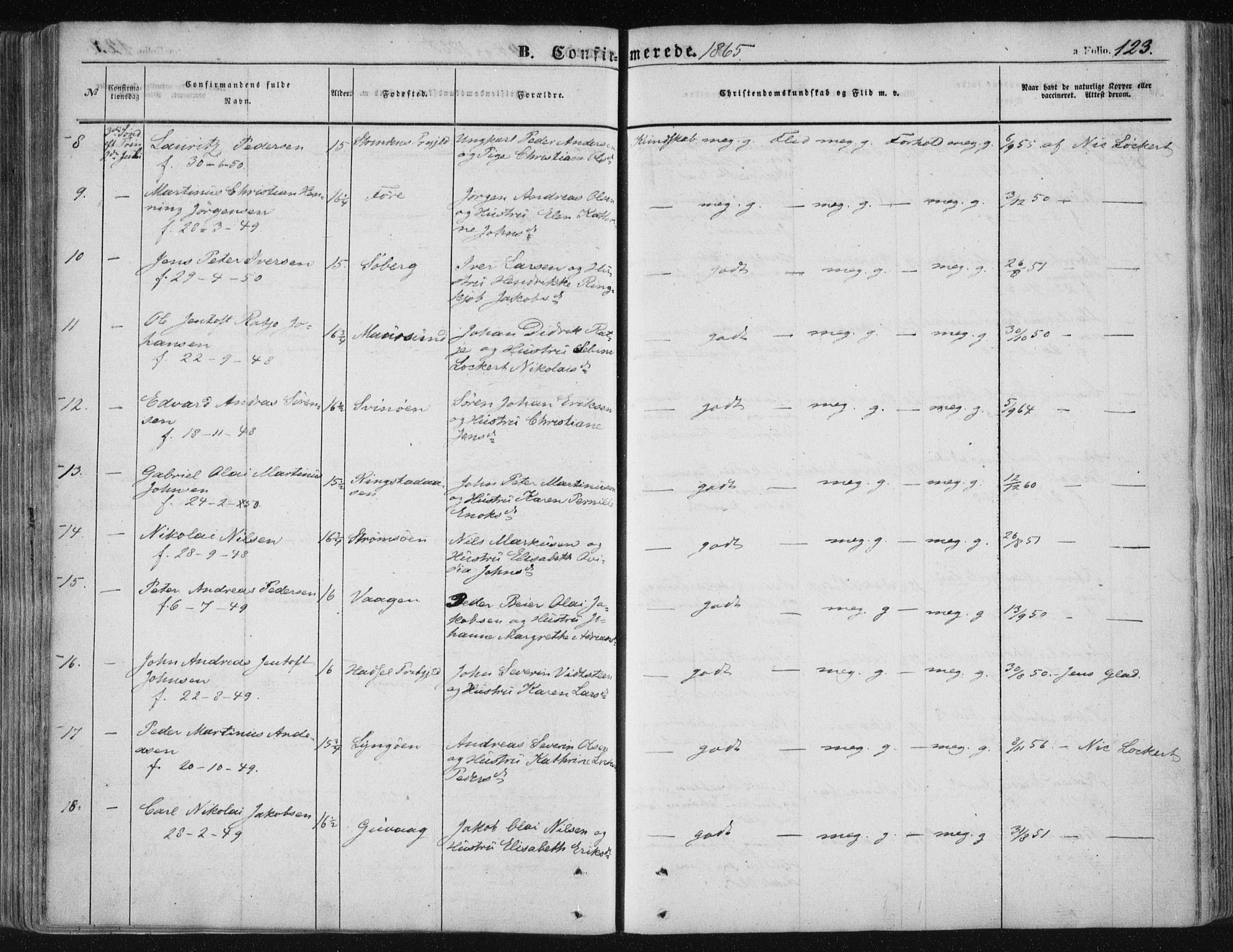 Ministerialprotokoller, klokkerbøker og fødselsregistre - Nordland, SAT/A-1459/891/L1300: Parish register (official) no. 891A05, 1856-1870, p. 123