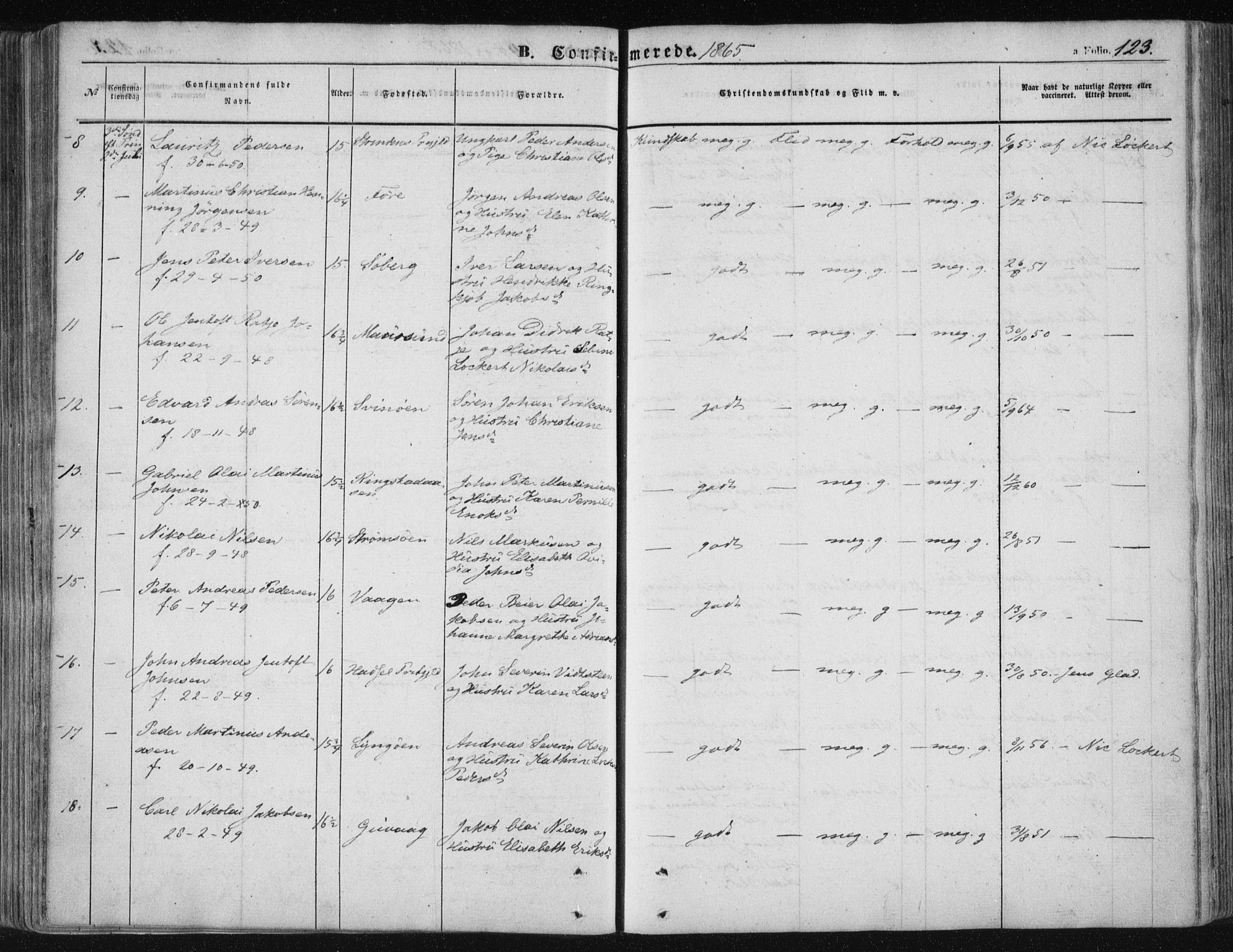 Ministerialprotokoller, klokkerbøker og fødselsregistre - Nordland, AV/SAT-A-1459/891/L1300: Parish register (official) no. 891A05, 1856-1870, p. 123